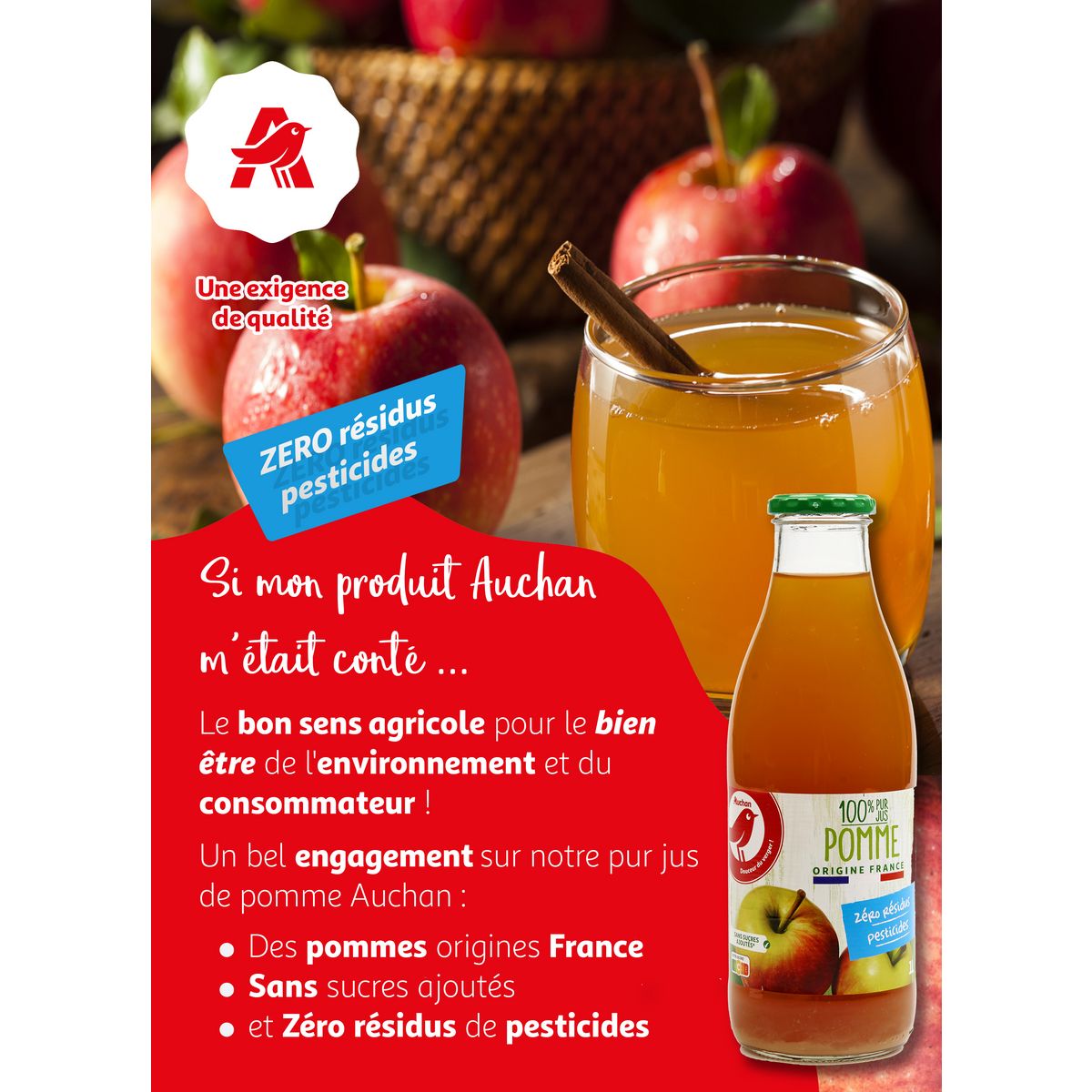 AUCHAN Pur jus de pomme zéro résidu pesticide bouteille verre 1l