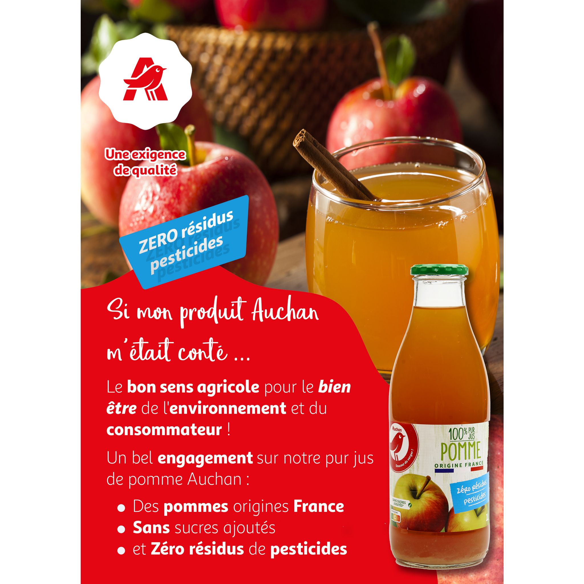 Voir la diapositive 2 : AUCHAN Pur jus de pomme zéro résidu pesticide bouteille verre 1l
