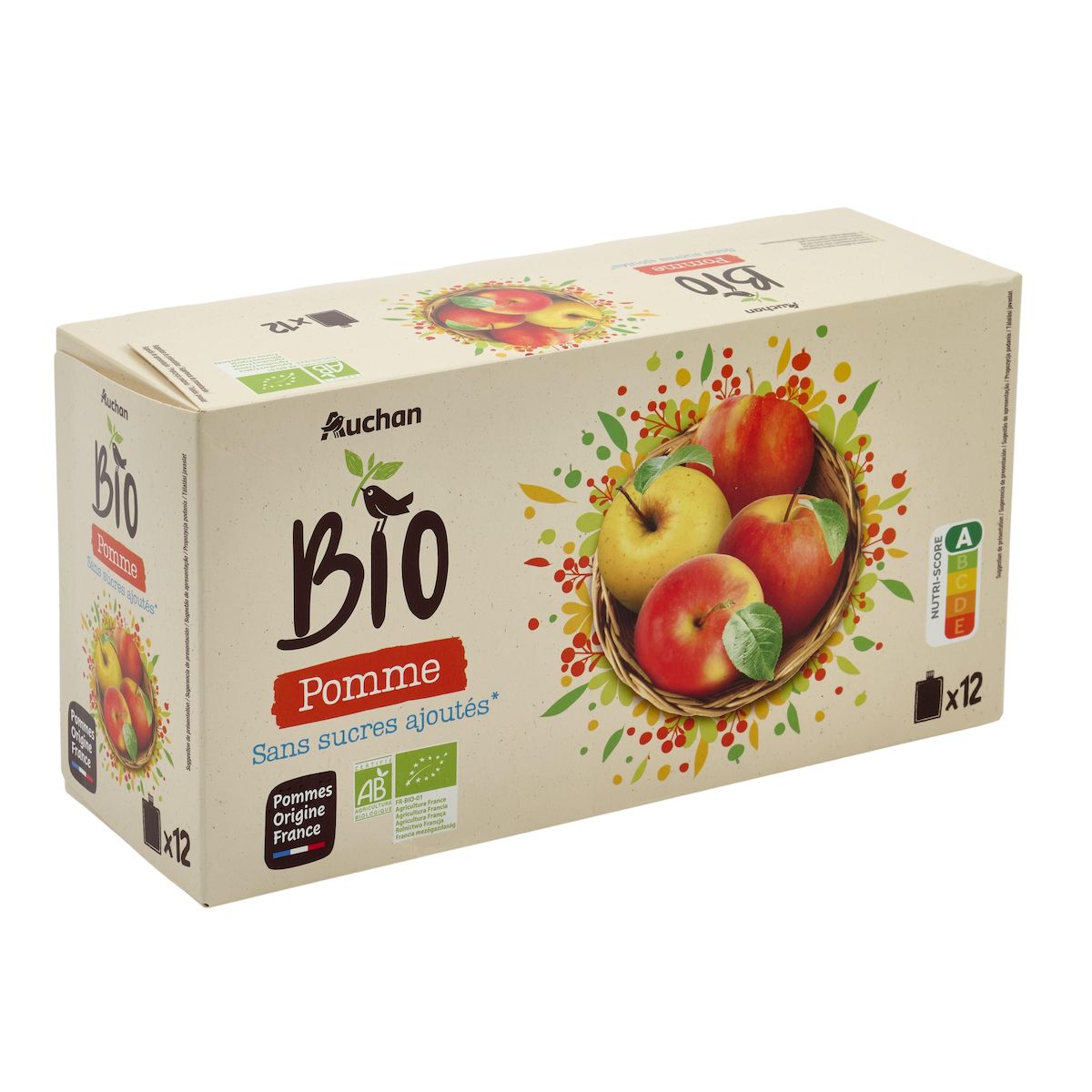 AUCHAN BIO Gourdes purée de pomme sans sucres ajoutés 12x90g