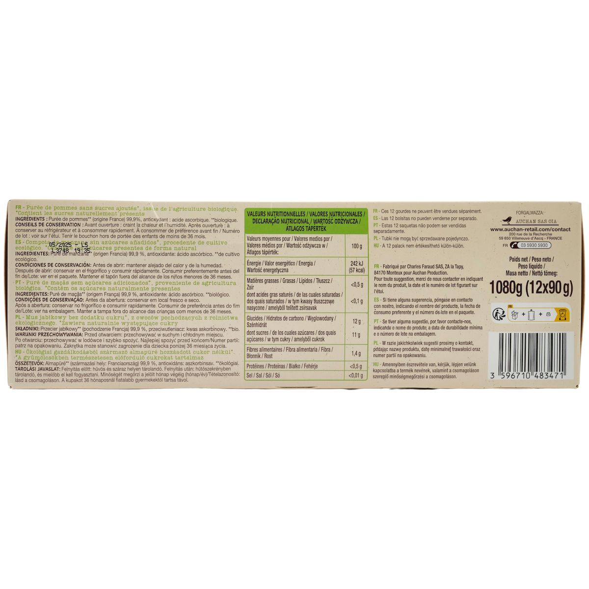 AUCHAN BIO Gourdes purée de pomme sans sucres ajoutés 12x90g