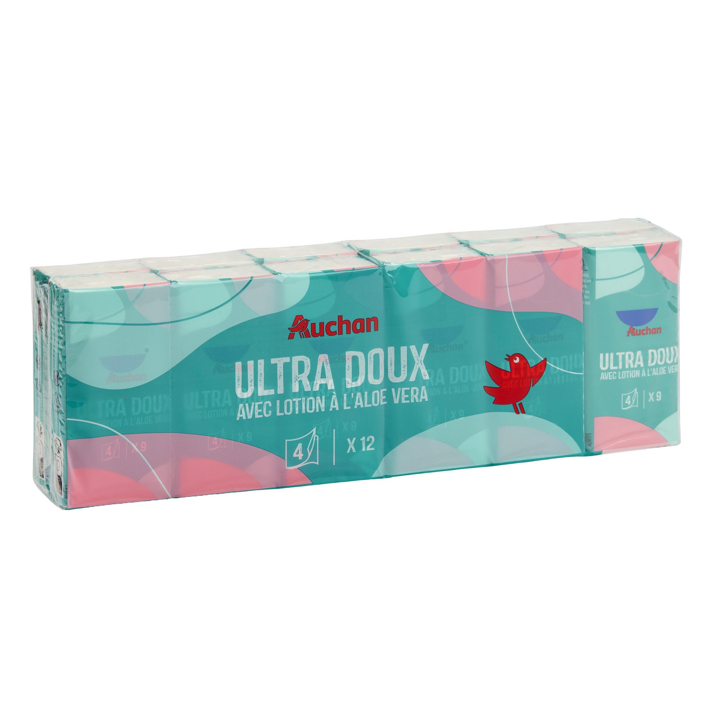 Voir la diapositive 3 : AUCHAN Paquets de mouchoirs ultra doux 4 épaisseurs 12 paquets x 9 mouchoirs
