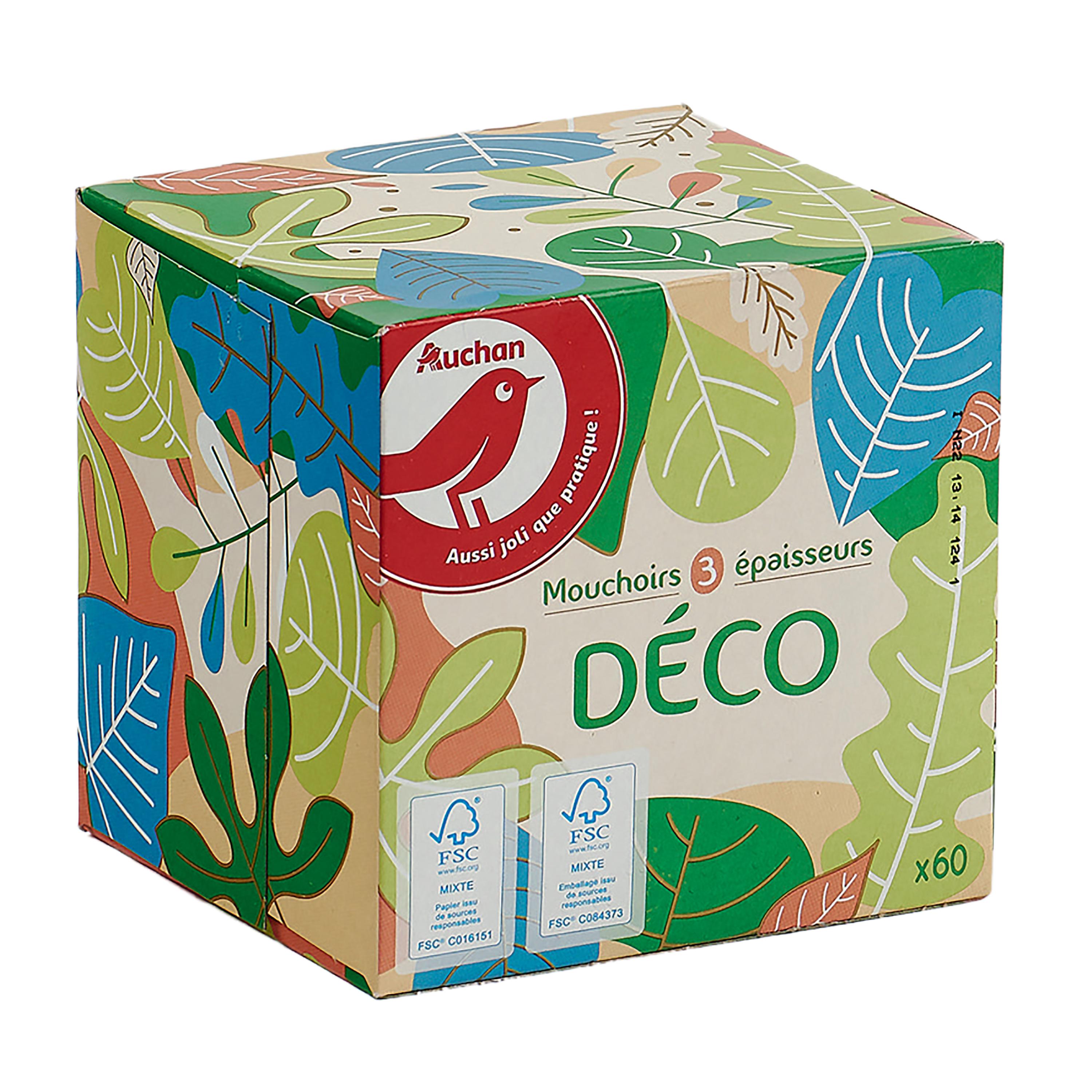 Voir la diapositive 2 : AUCHAN Boîte de mouchoirs blancs à décor aléatoire 3 épaisseurs 1 boîte cube 60 mouchoirs