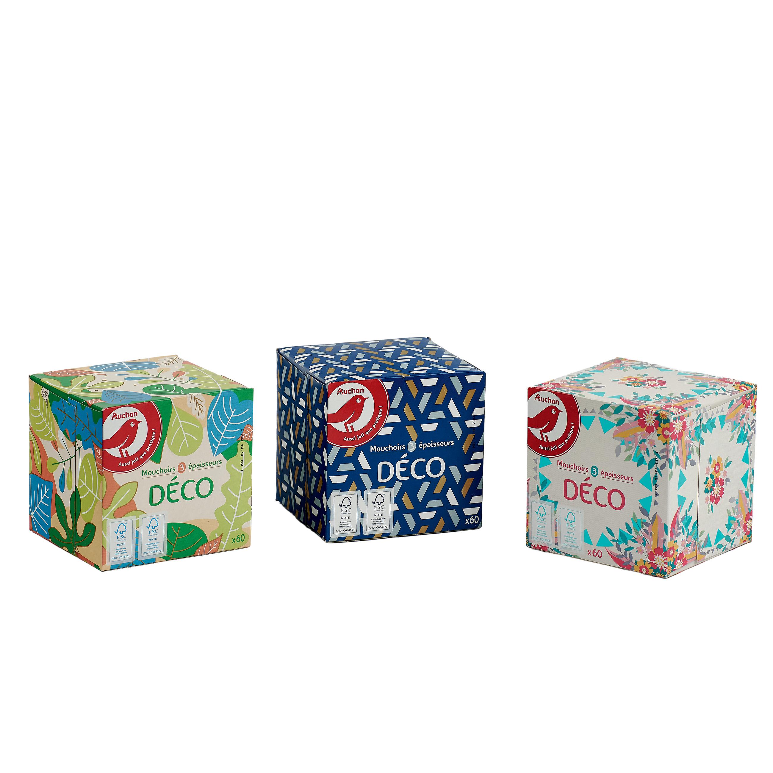 Voir la diapositive 3 : AUCHAN Boîte de mouchoirs blancs à décor aléatoire 3 épaisseurs 1 boîte cube 60 mouchoirs