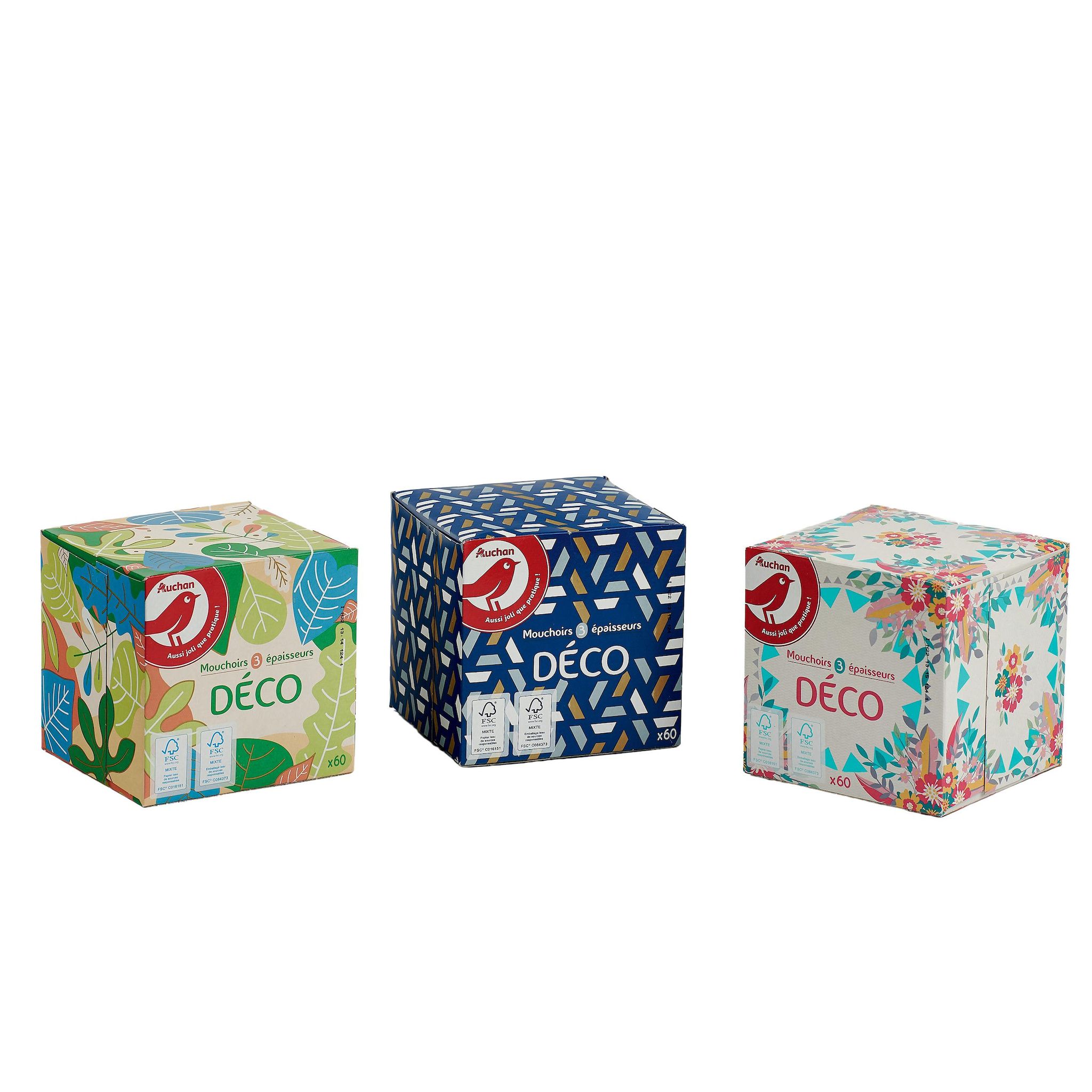 Voir la diapositive 3 : AUCHAN Boîte de mouchoirs blancs à décor aléatoire 3 épaisseurs 1 boîte cube 60 mouchoirs