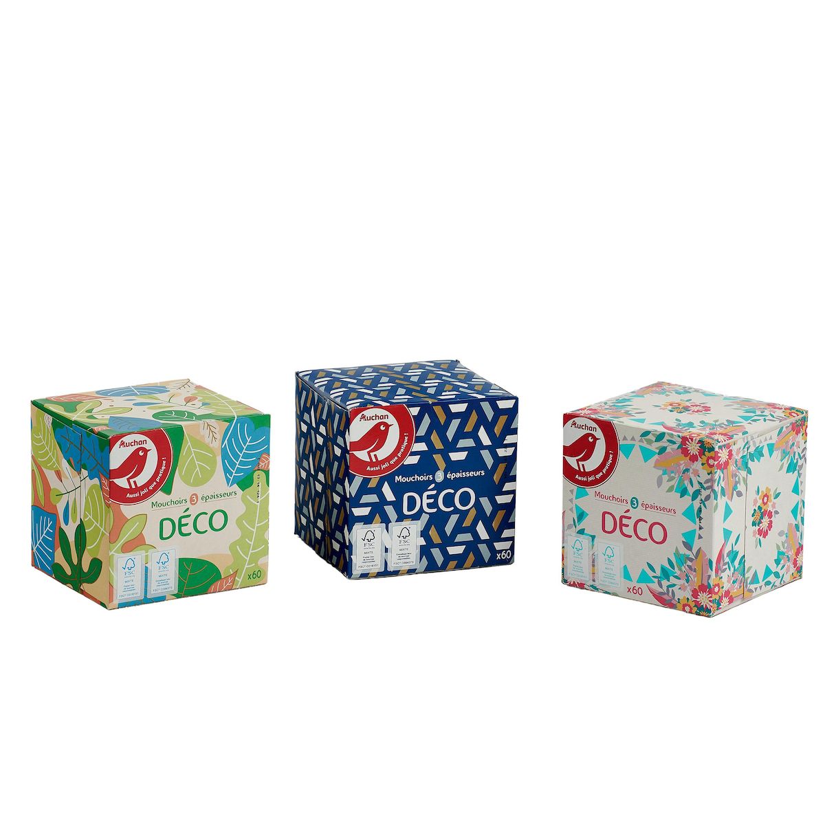 AUCHAN Boîte de mouchoirs blancs à décor aléatoire 3 épaisseurs 1 boîte cube 60 mouchoirs