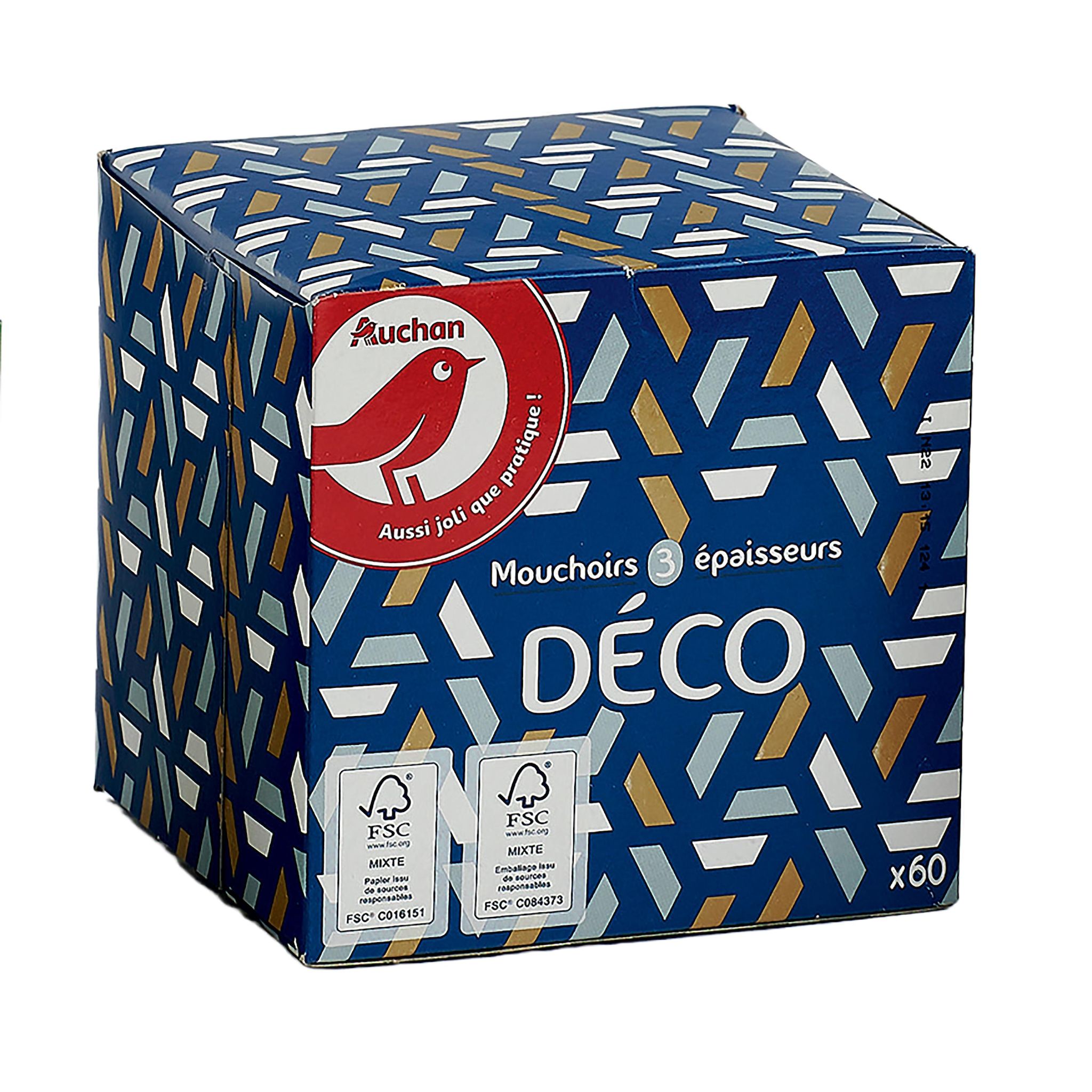 Voir la diapositive 4 : AUCHAN Boîte de mouchoirs blancs à décor aléatoire 3 épaisseurs 1 boîte cube 60 mouchoirs