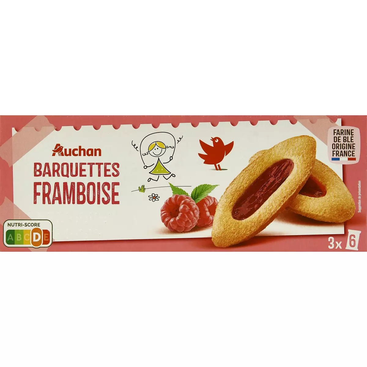 AUCHAN Biscuits barquettes framboise 3 sachets de 6 biscuits 120g