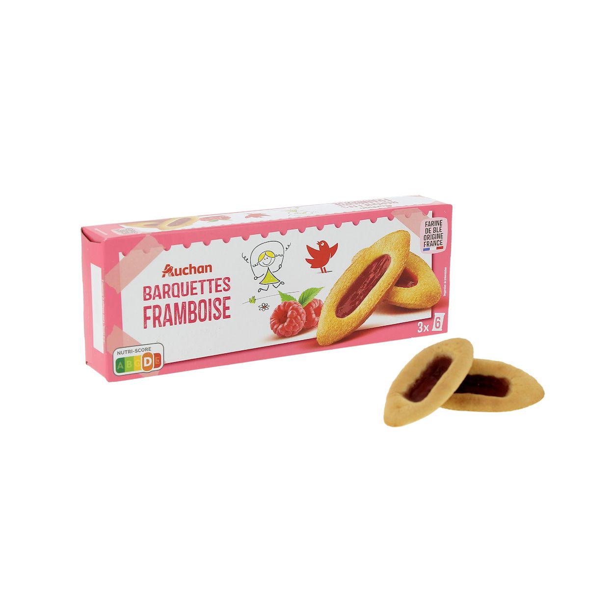 AUCHAN Biscuits barquettes framboise sachets fraîcheur 3x6 biscuits 120g