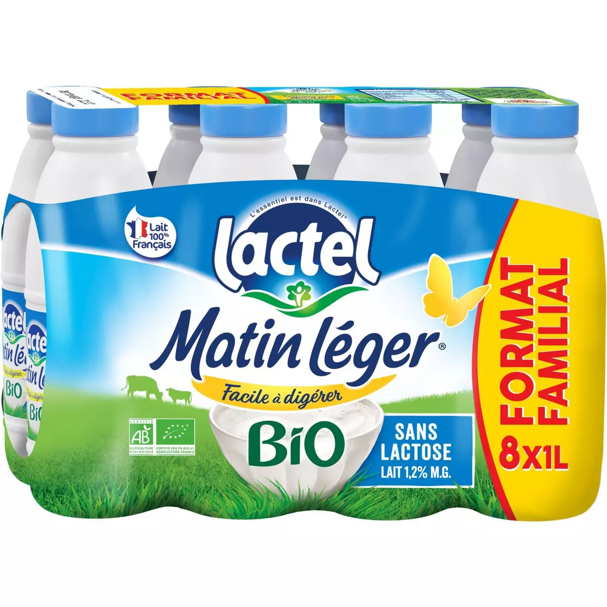 LACTEL Matin léger Lait bio facile à digérer sans lactose 8x1l