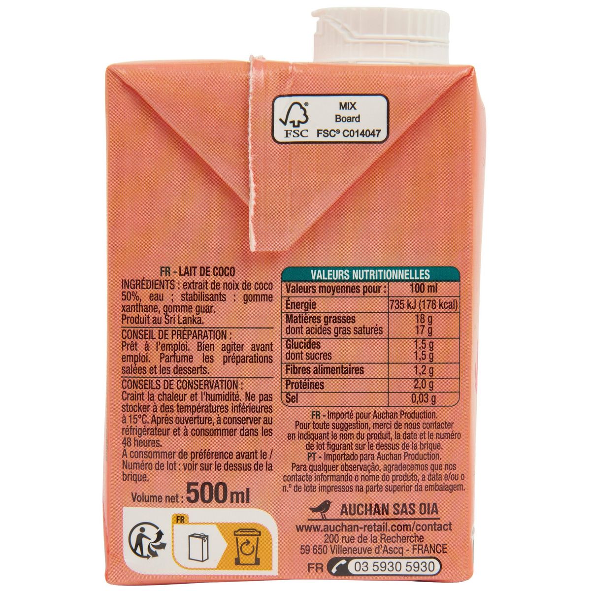 AUCHAN Lait de coco brique refermable 50cl