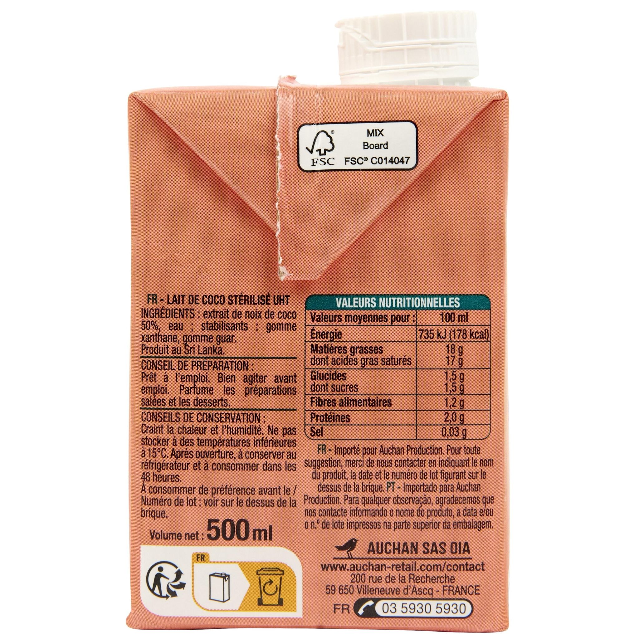 Voir la diapositive 4 : AUCHAN Lait de coco brique refermable 50cl