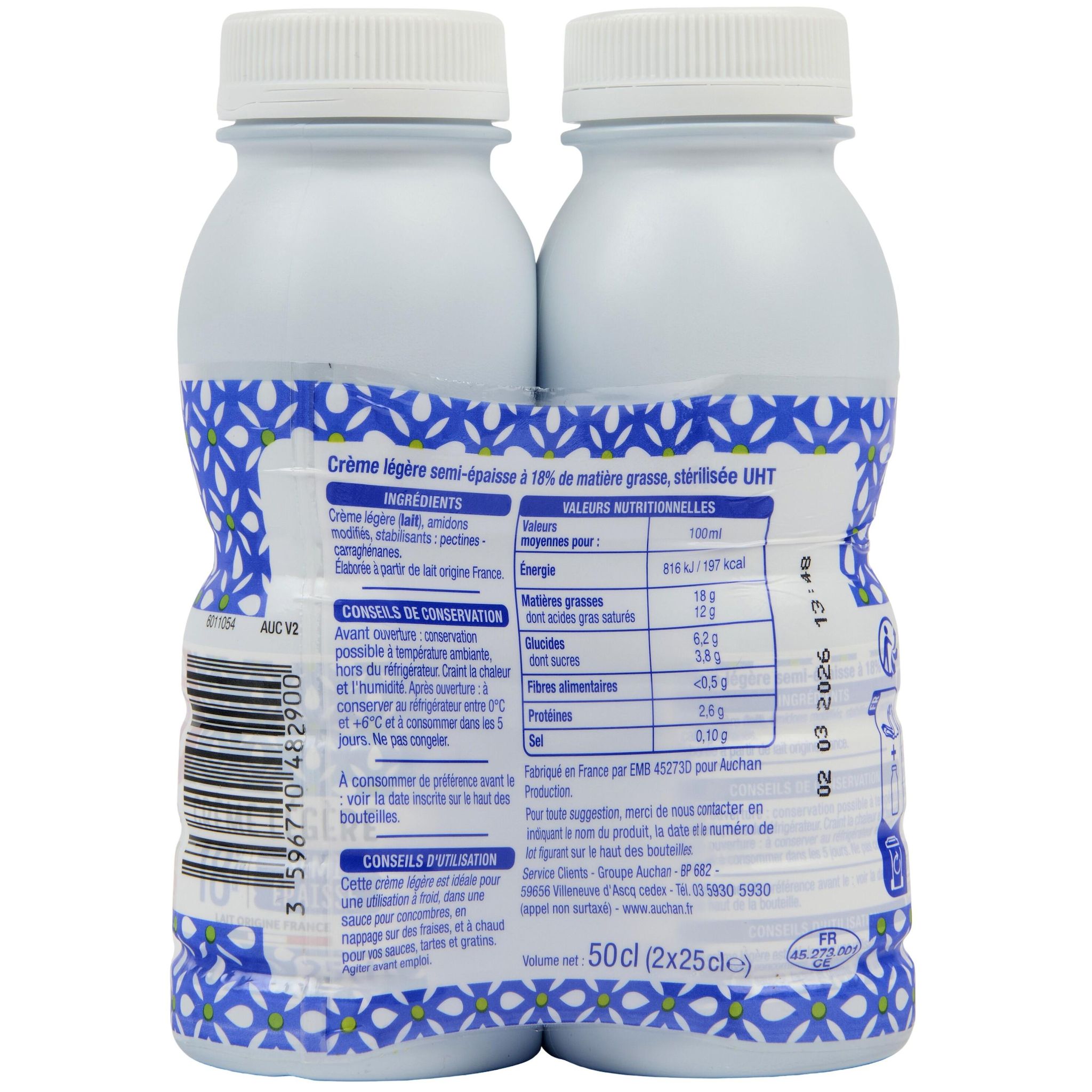 Voir la diapositive 3 : AUCHAN Crème semi-épaisse légère 18% MG UHT 2x25cl