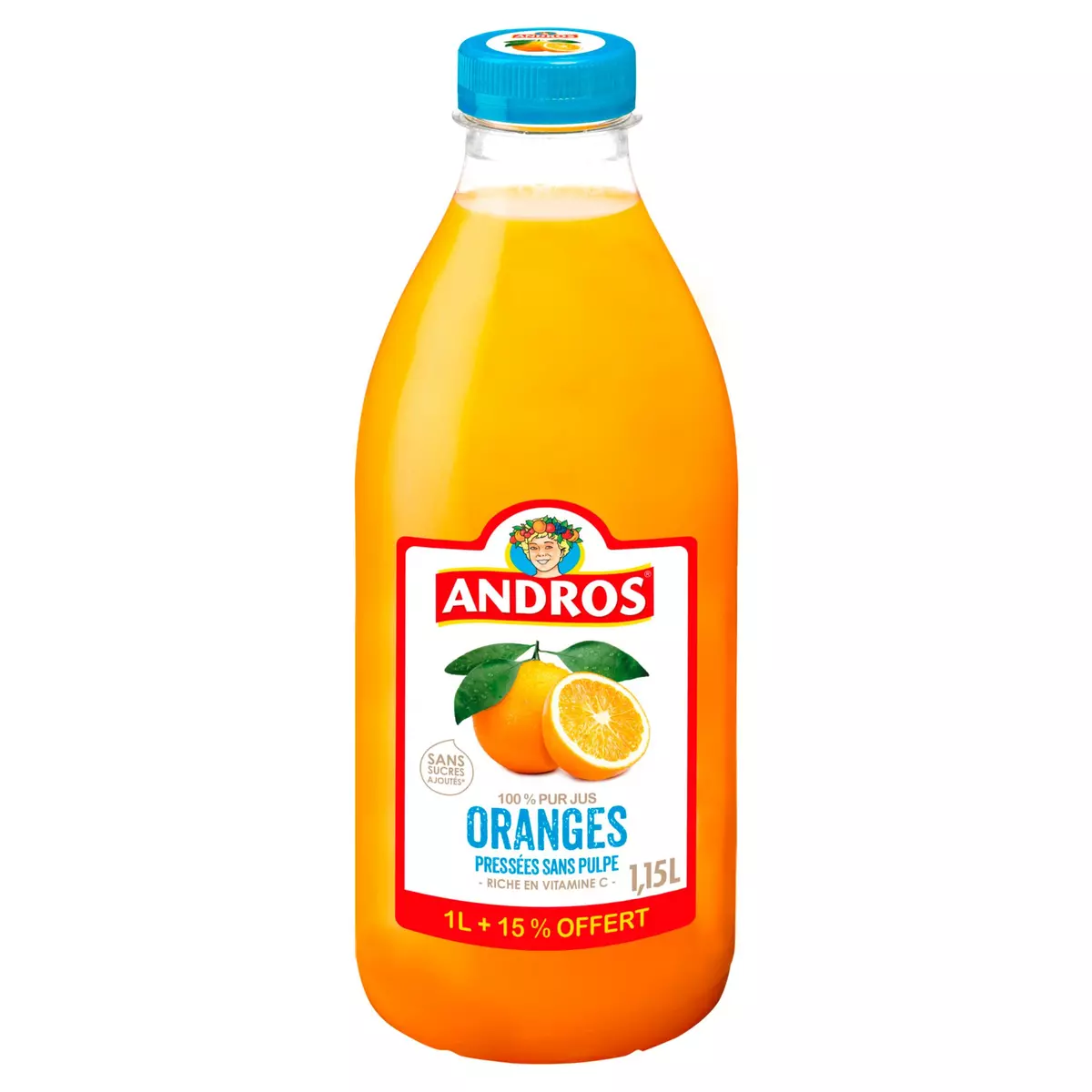 ANDROS Pur jus d'orange pressée sans pulpe et sans sucres ajoutés 1l+15% offert