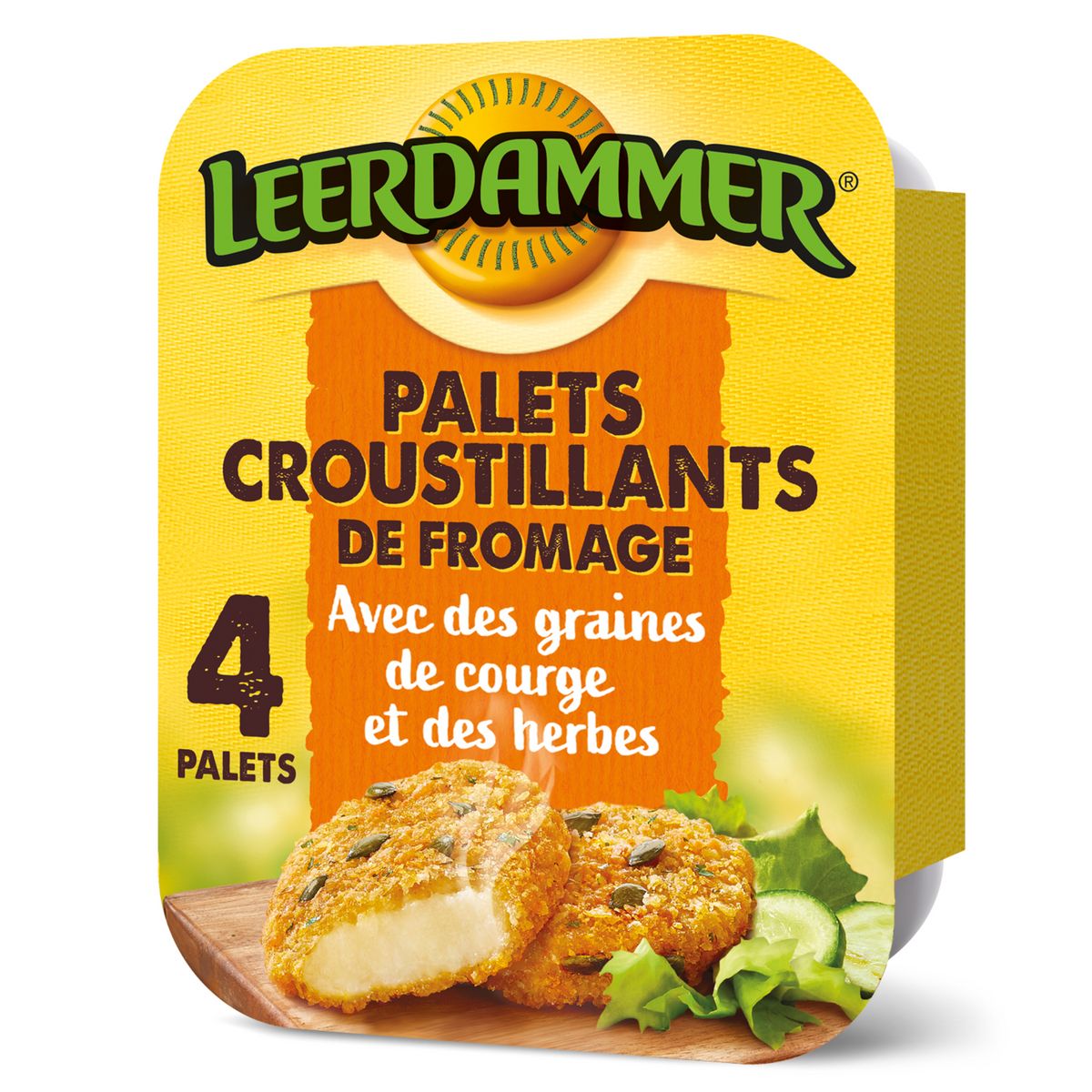 LEERDAMMER Palet croustillant de fromage avec une panure aux graines de courges et aux herbes précuit 4 pièces 160g