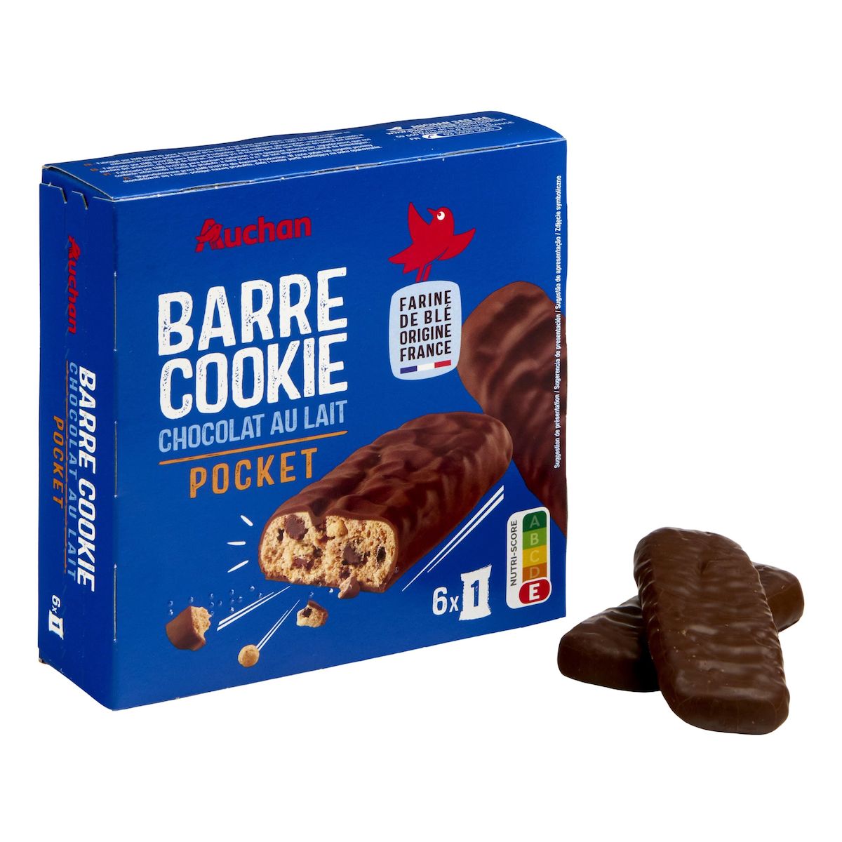 AUCHAN Barre cookie biscuits au chocolat au lait sachets individuels 6 biscuits 168g