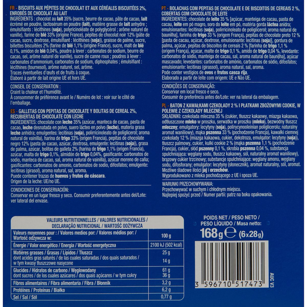 AUCHAN Barre cookie biscuits au chocolat au lait sachets individuels 6 biscuits 168g