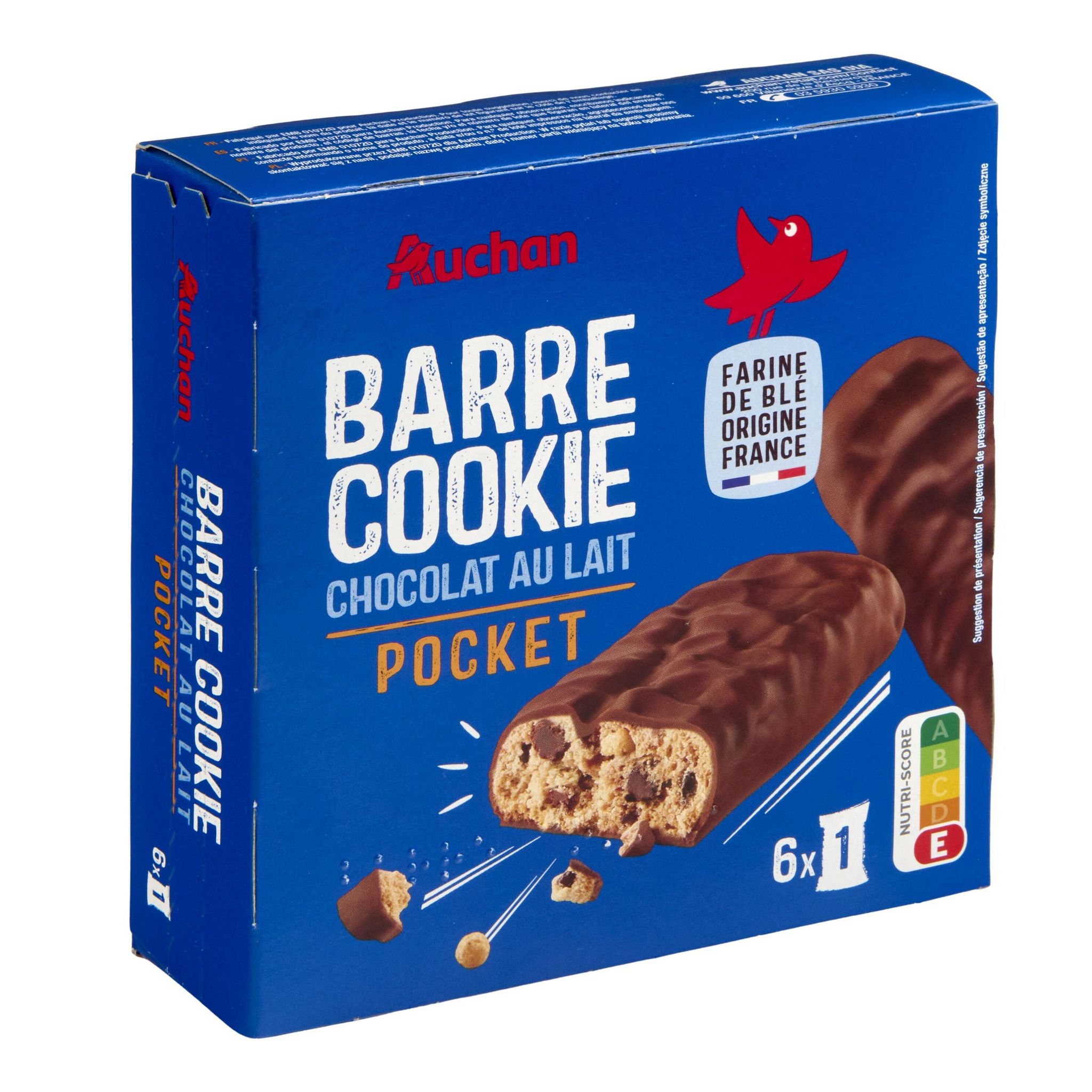 Voir la diapositive 5 : AUCHAN Barre cookie biscuits au chocolat au lait sachets individuels 6 biscuits 168g
