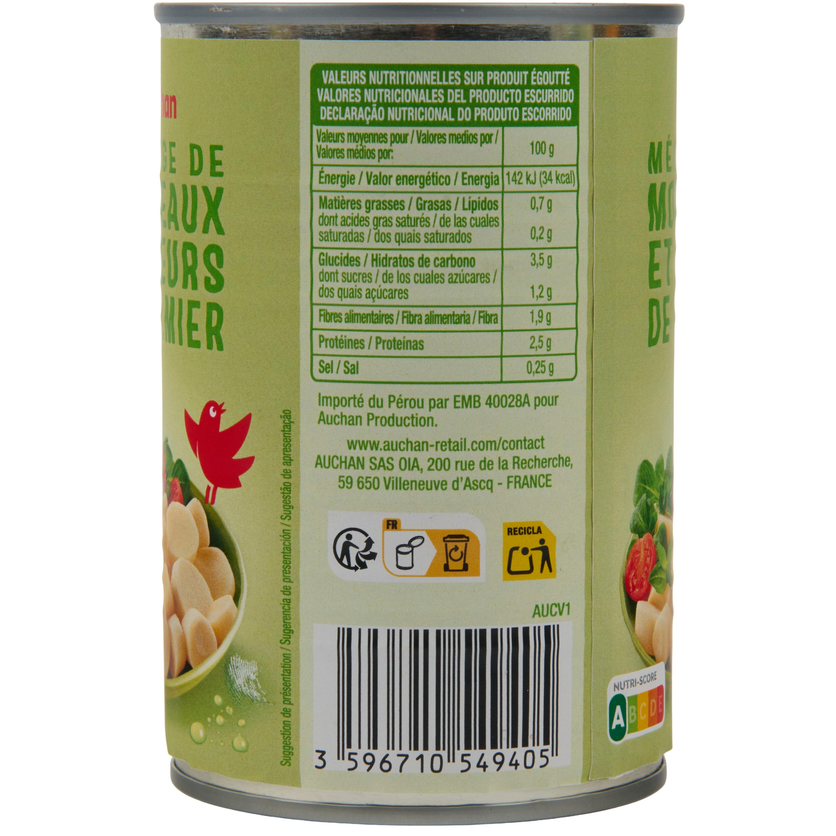 Voir la diapositive 2 : AUCHAN Morceaux de coeurs de palmier spécial salade 250g