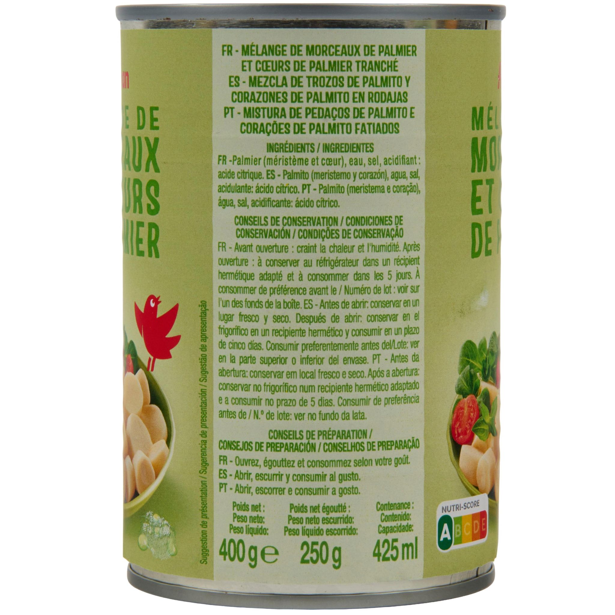 Voir la diapositive 3 : AUCHAN Morceaux de coeurs de palmier spécial salade 250g