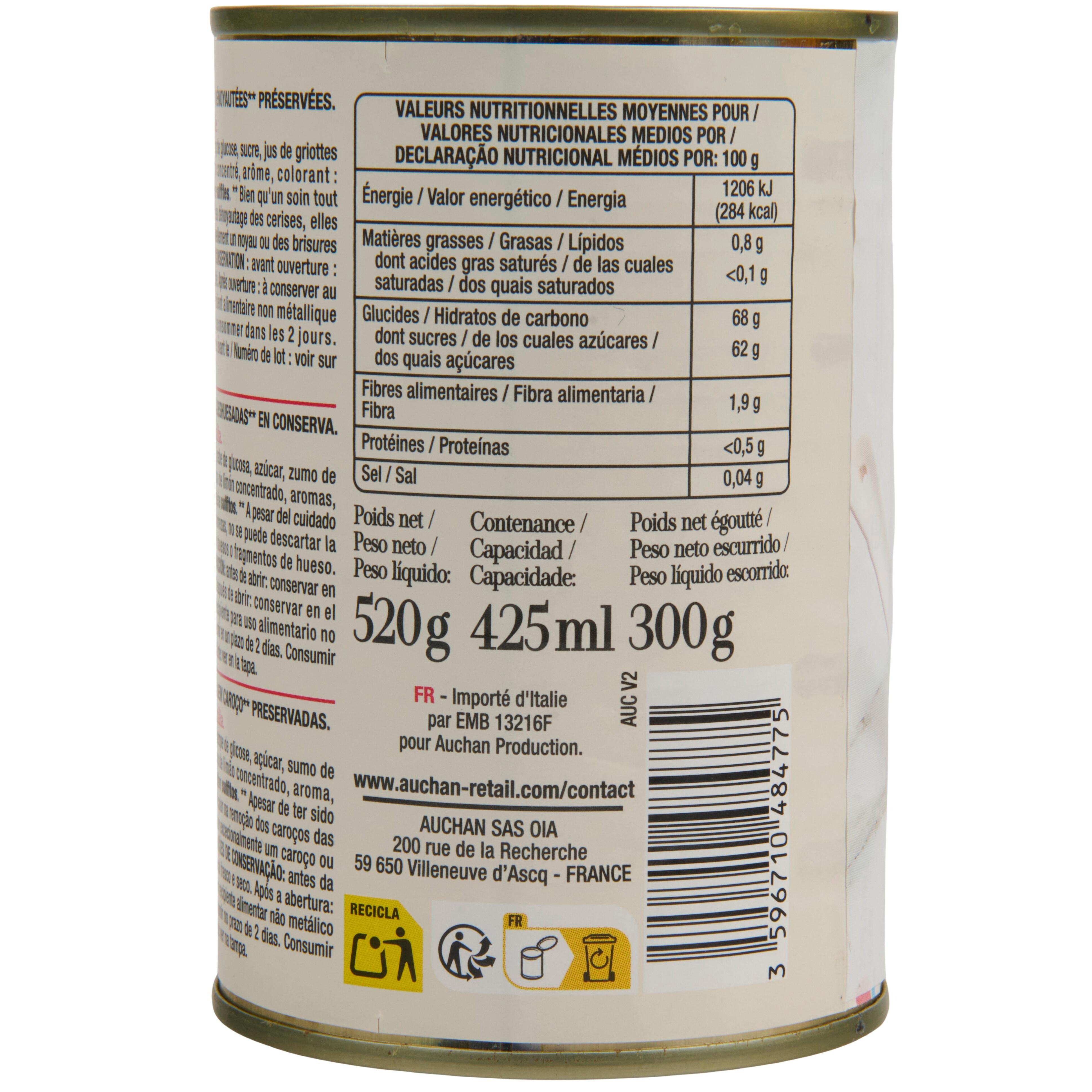 Voir la diapositive 2 : AUCHAN TAVOLA IN ITALIA Cerises amarena dénoyautées au sirop 300g
