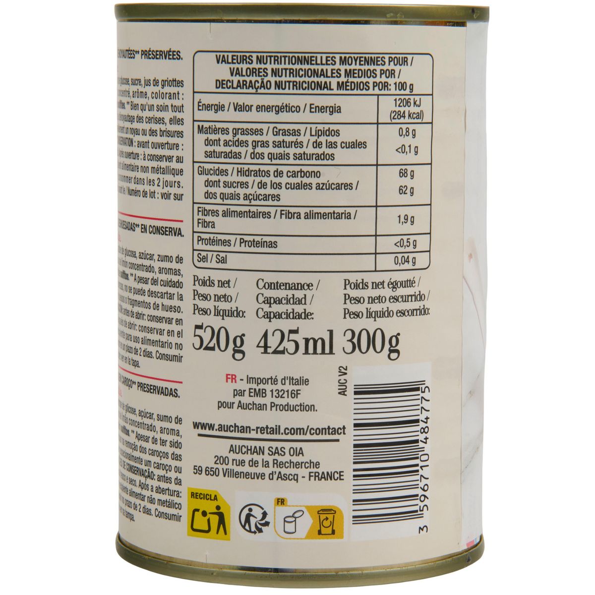 AUCHAN TAVOLA IN ITALIA Cerises amarena dénoyautées au sirop 300g