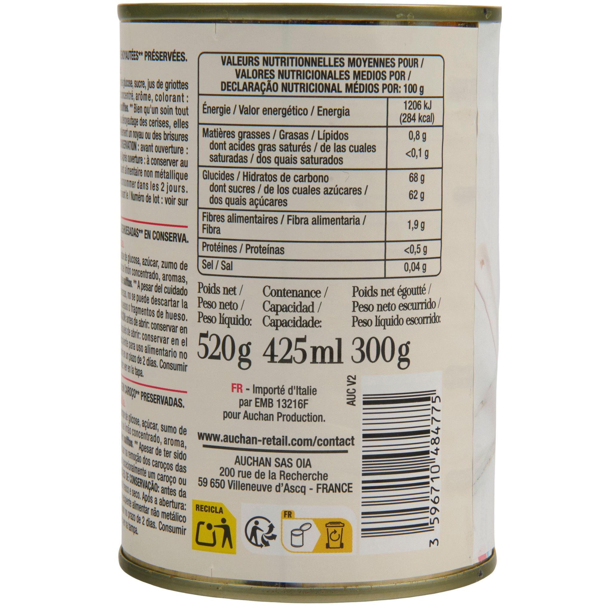 Voir la diapositive 2 : AUCHAN TAVOLA IN ITALIA Cerises amarena dénoyautées au sirop 300g