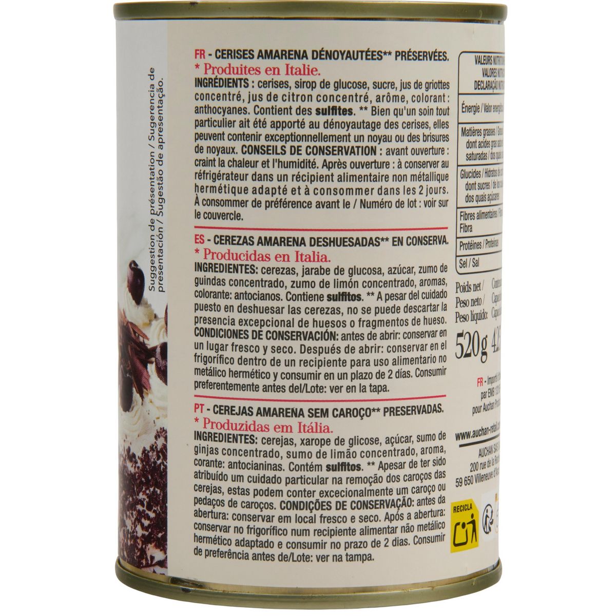 AUCHAN TAVOLA IN ITALIA Cerises amarena dénoyautées au sirop 300g