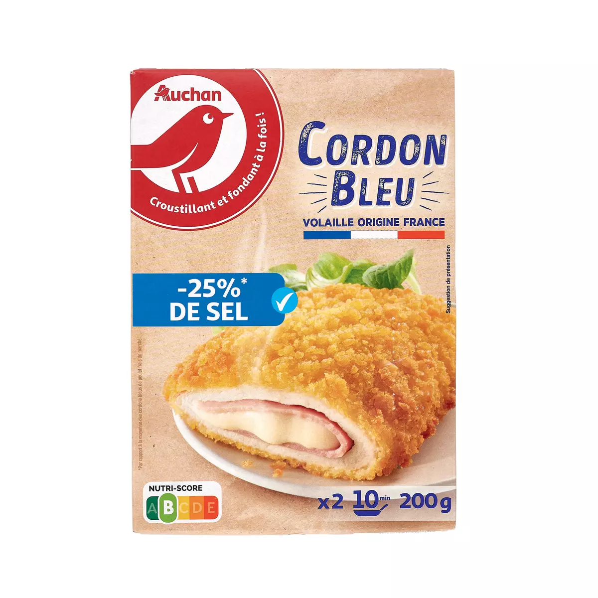 AUCHAN Cordons bleus de poulet sel réduit 2 pièces 200g