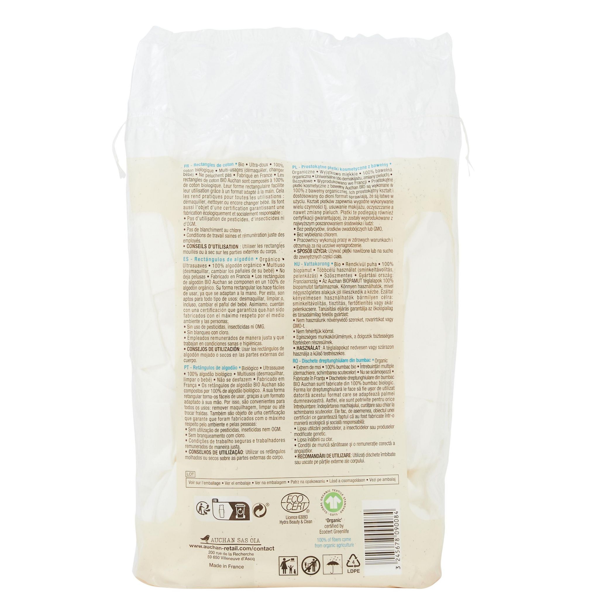 Voir la diapositive 2 : AUCHAN BIO Rectangles de coton multi usage ultra doux 180 pièces
