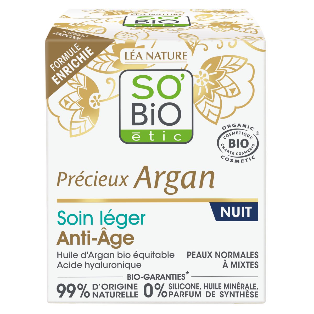 SO BIO ETIC Soin léger anti-âge nuit à l'huile d'argan bio équitable peaux normales à mixtes 50ml