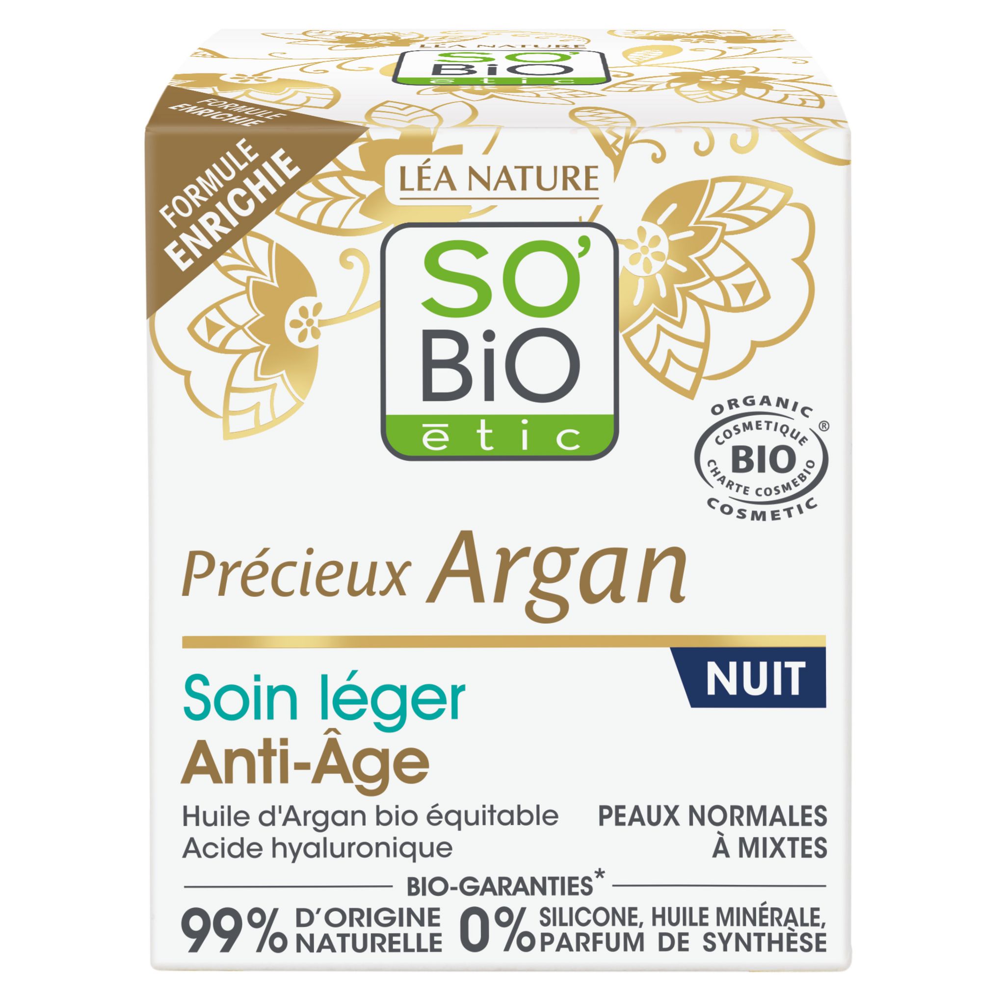 Voir la diapositive 2 : SO BIO ETIC Soin léger anti-âge nuit à l'huile d'argan bio équitable peaux normales à mixtes 50ml