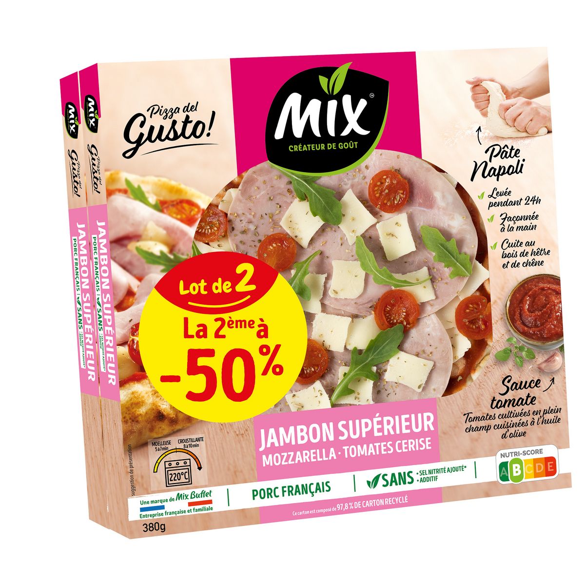 MIX Pizza gusto jambon supérieur mozzarella et tomates cerises  2 pizzas 2x380g