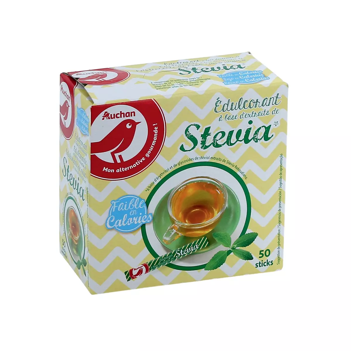 AUCHAN Edulcorant en poudre à base de stevia 50 sticks 50g pas cher 