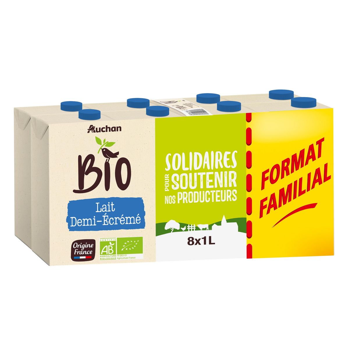 AUCHAN BIO Lait demi-écrémé équitable  8x1l