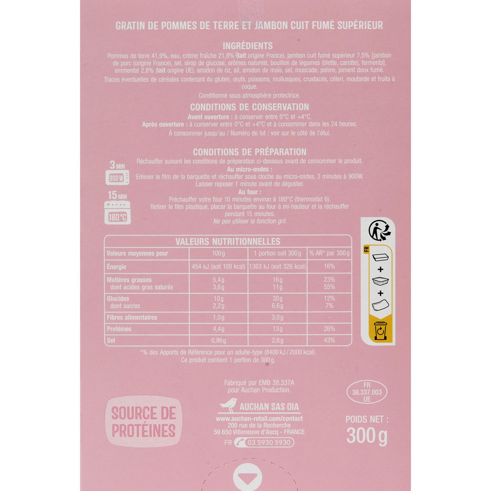 Voir la diapositive 3 : AUCHAN Gratin dauphinois avec morceaux de jambon 1 part 300g