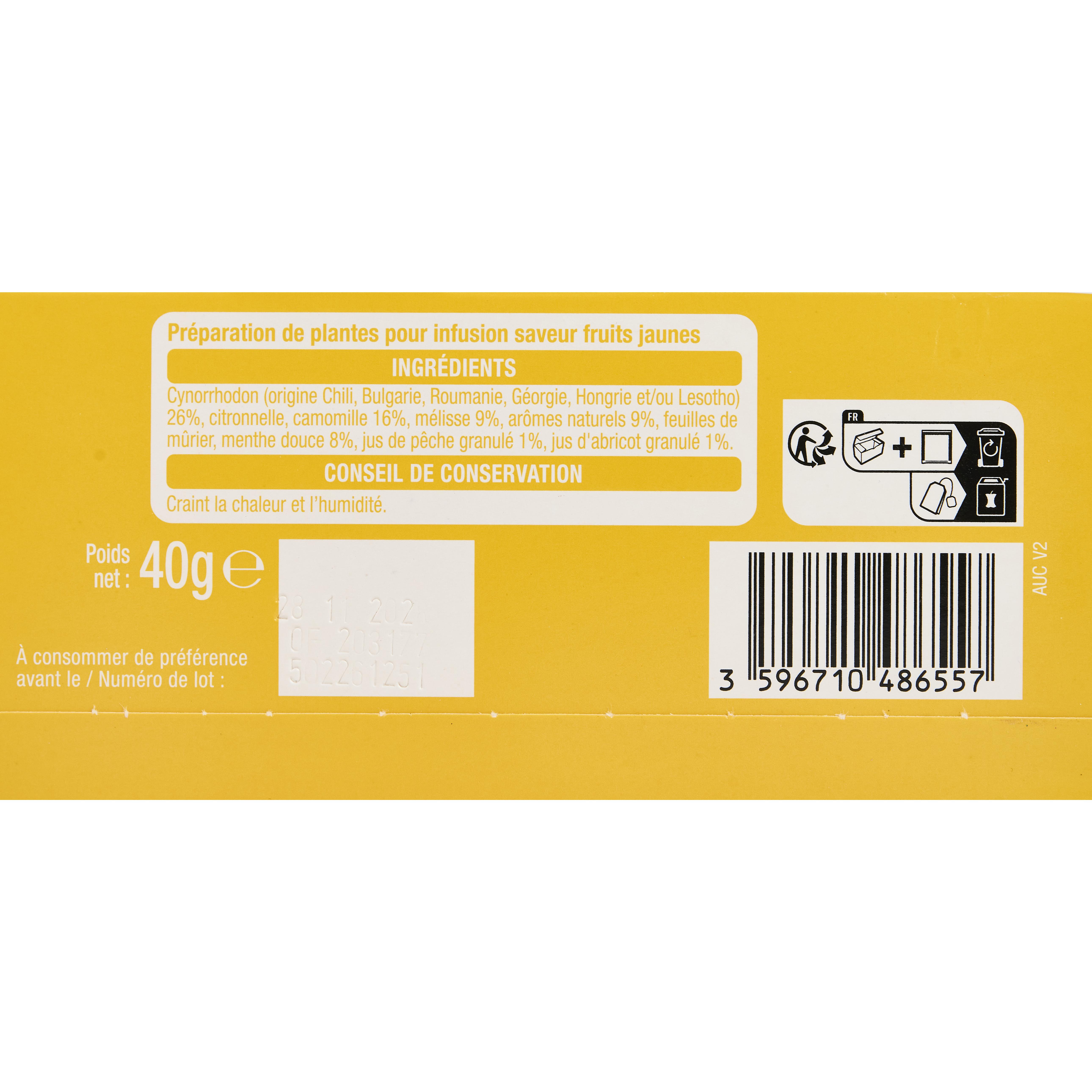 Voir la diapositive 2 : AUCHAN Infusion fruits jaunes 25 sachets 40g