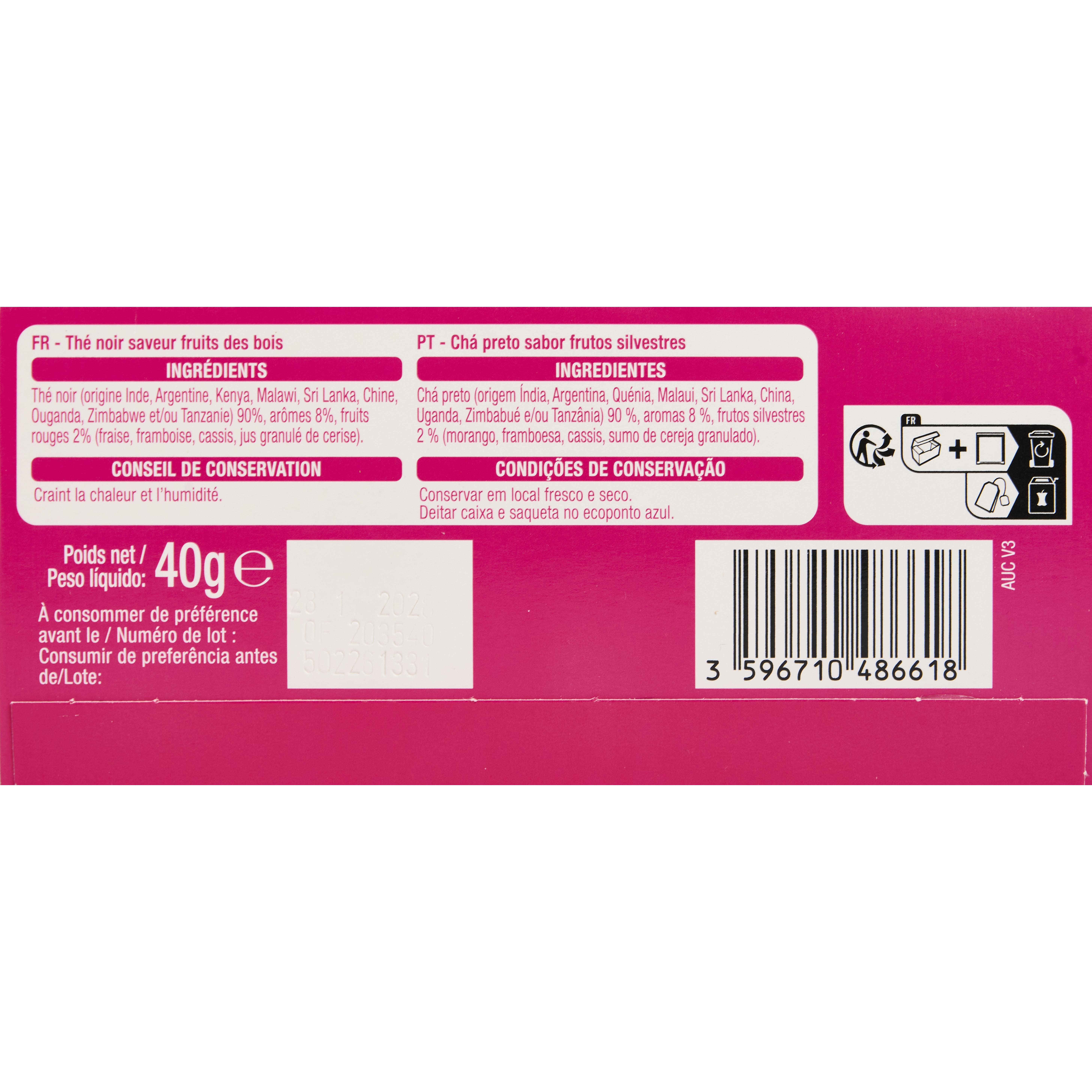Voir la diapositive 2 : AUCHAN Thé noir saveur fruits des bois 25 sachets 40g