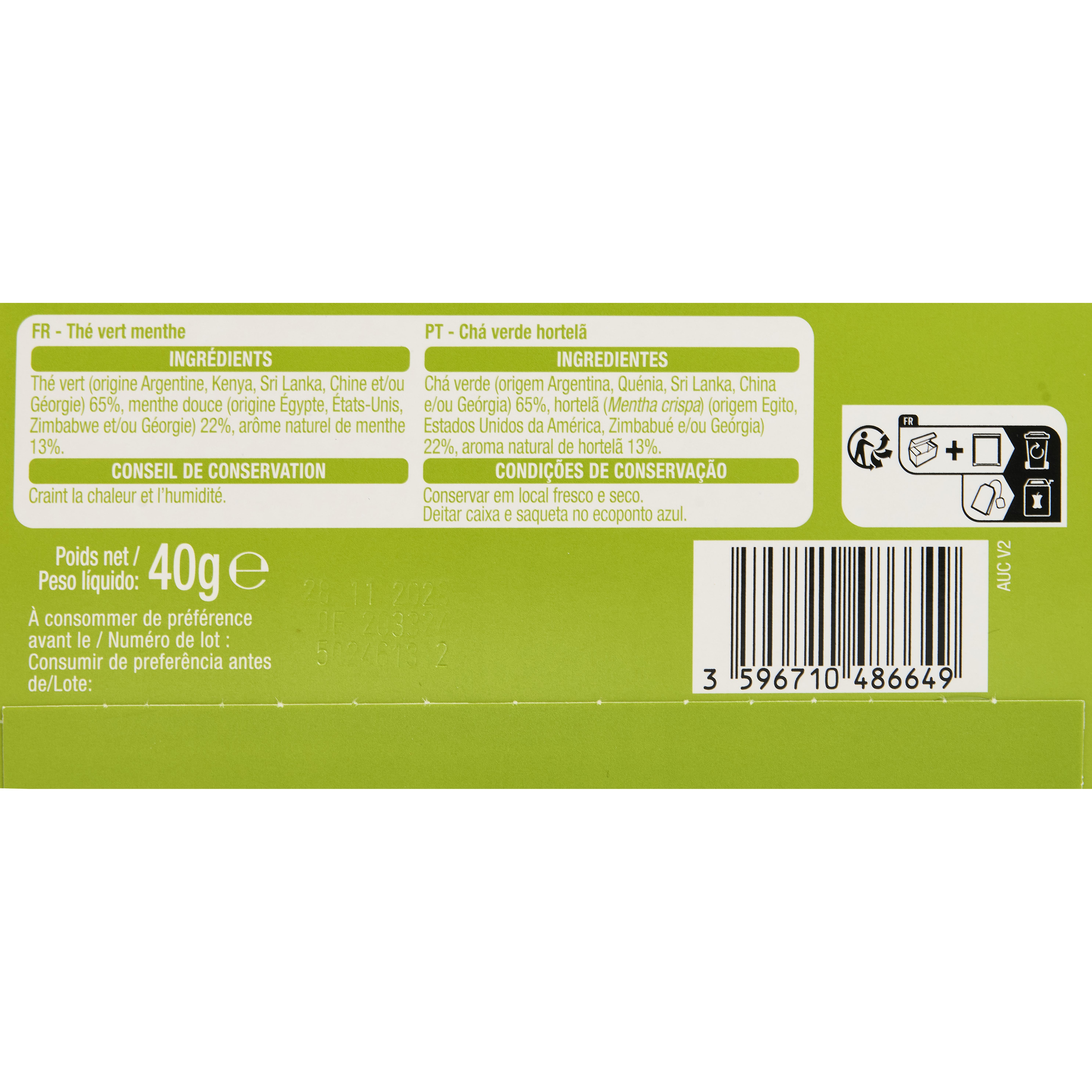 Voir la diapositive 3 : AUCHAN Thé vert à la menthe 25 sachets 40g
