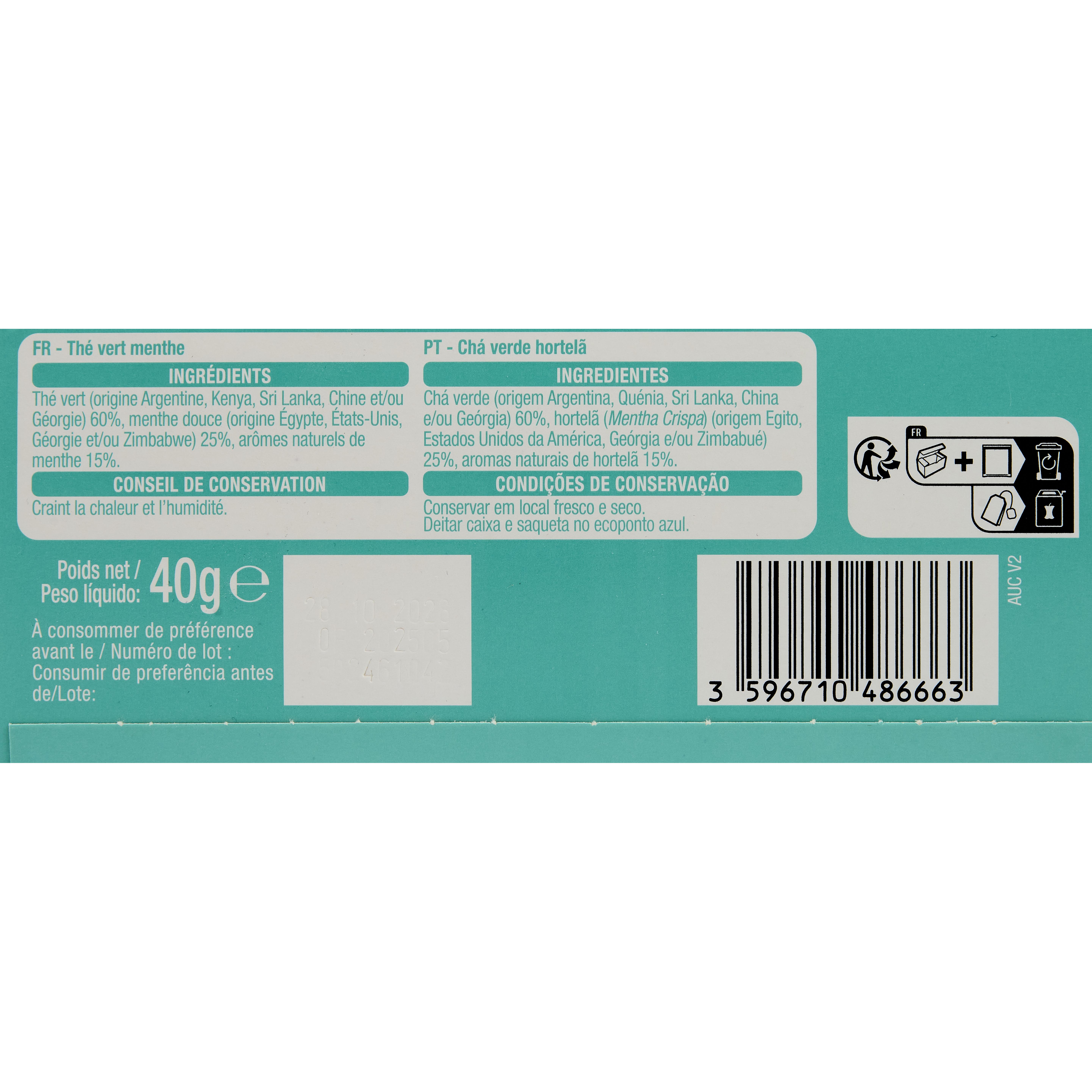 Voir la diapositive 2 : AUCHAN Thé vert menthe extrême 25 sachets 40g