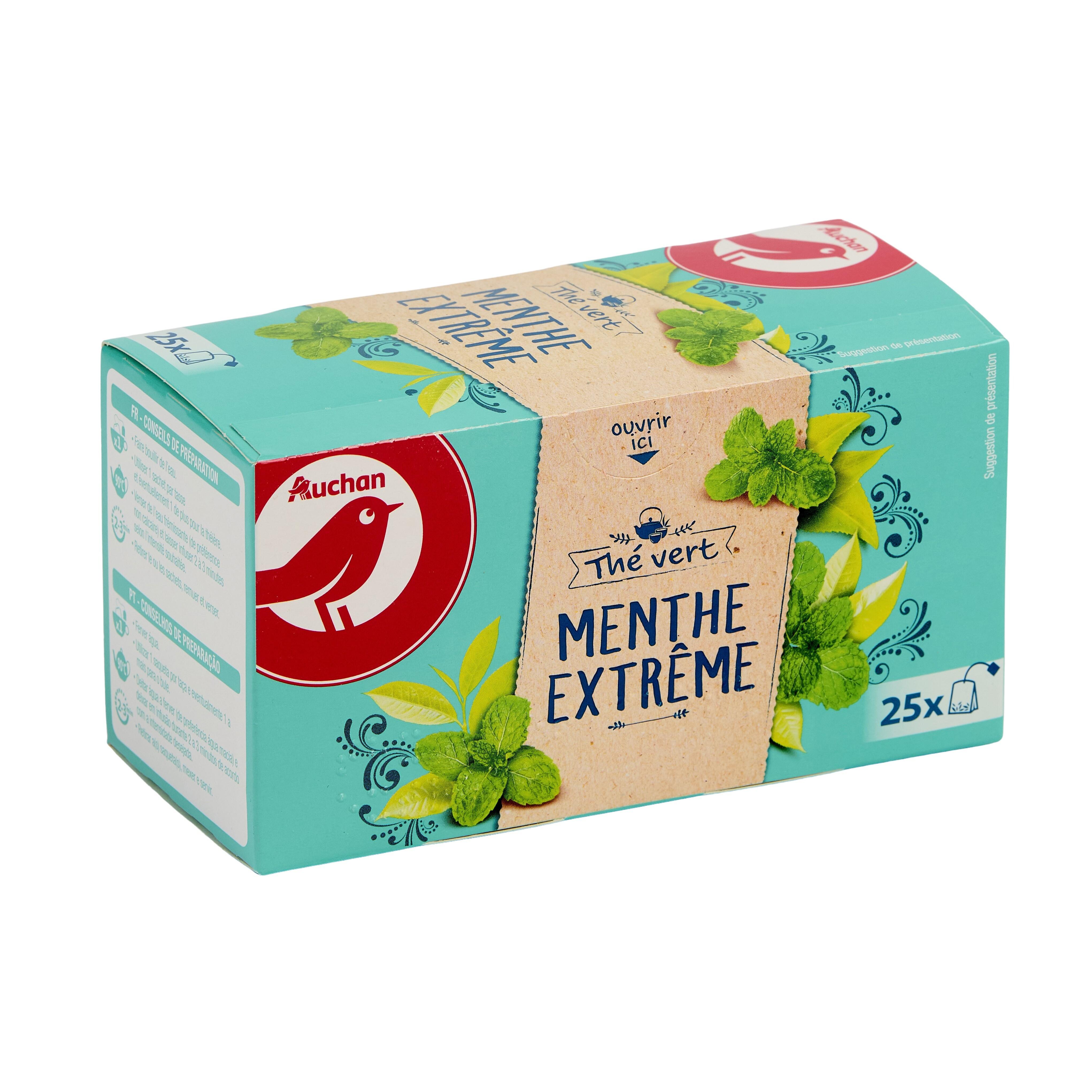 Voir la diapositive 3 : AUCHAN Thé vert menthe extrême 25 sachets 40g
