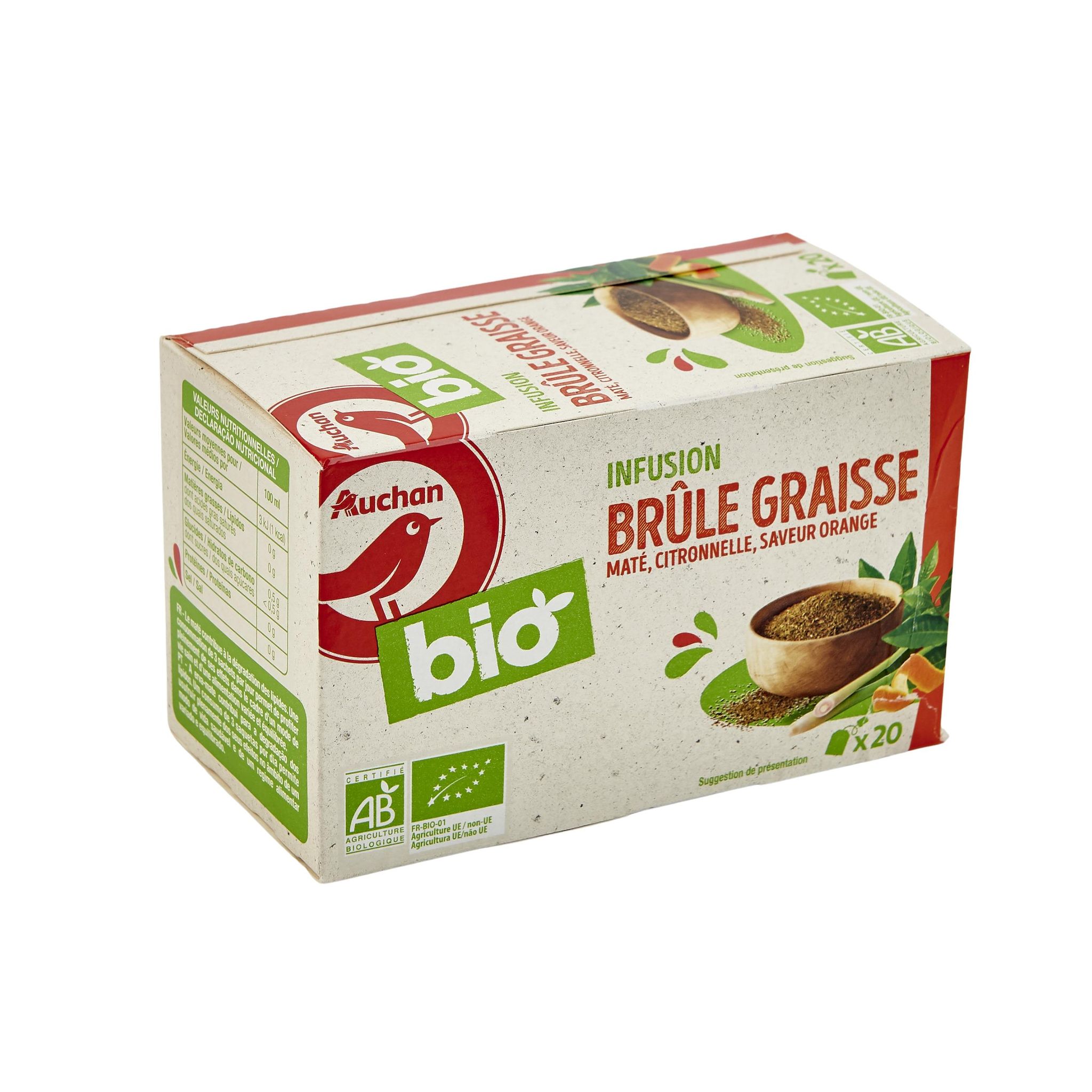 Voir la diapositive 2 : AUCHAN BIO Infusion brûle graisse maté citronnelle orange 20 sachets 30g