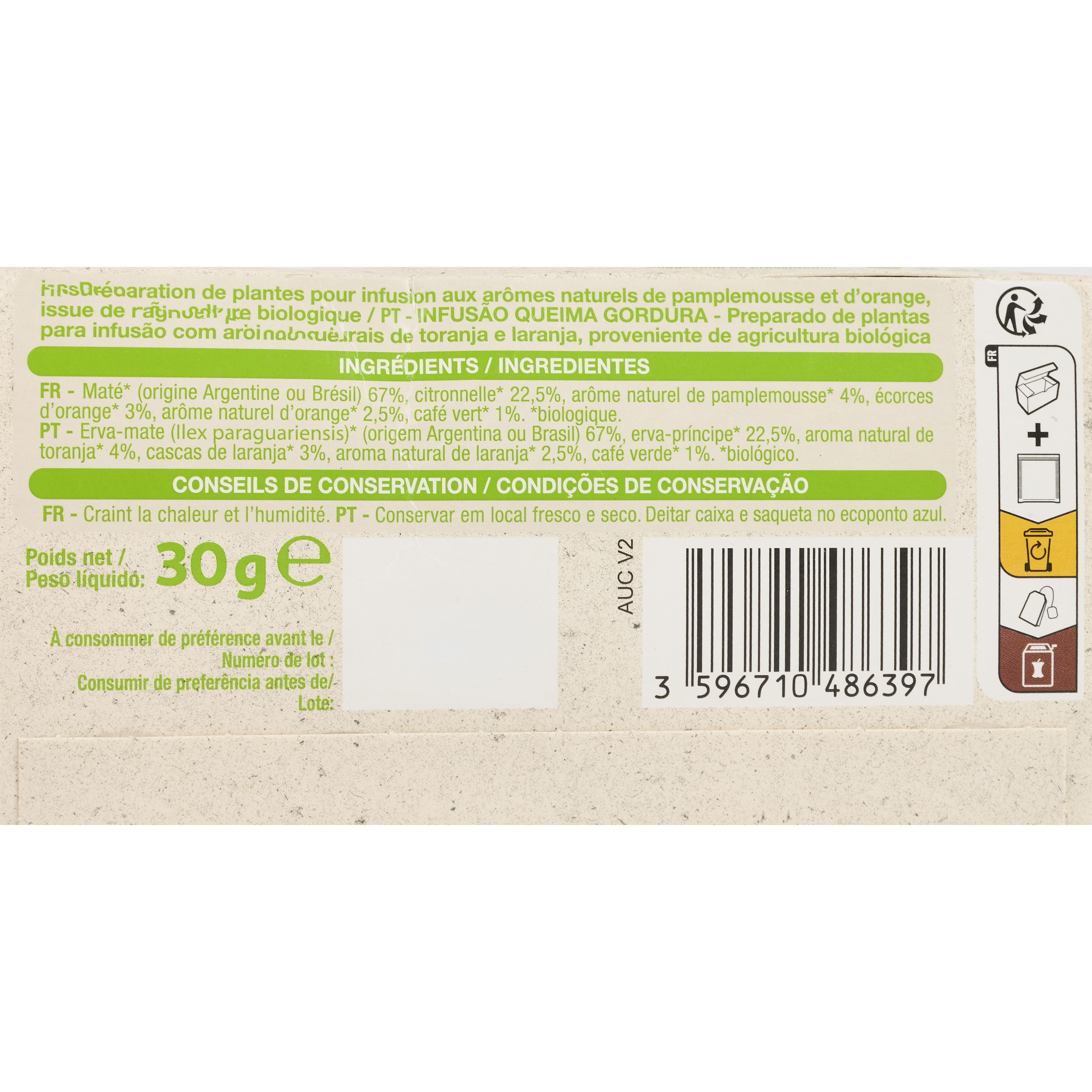 Voir la diapositive 4 : AUCHAN BIO Infusion brûle graisse maté citronnelle orange 20 sachets 30g