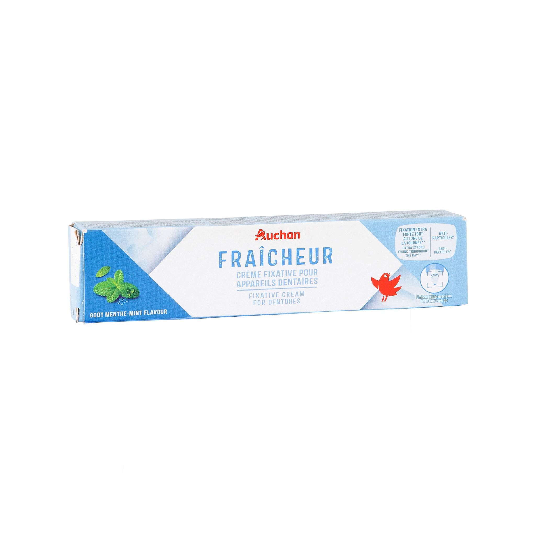 Voir la diapositive 2 : AUCHAN Crème fixative pour appareils dentaires goût menthe 40g