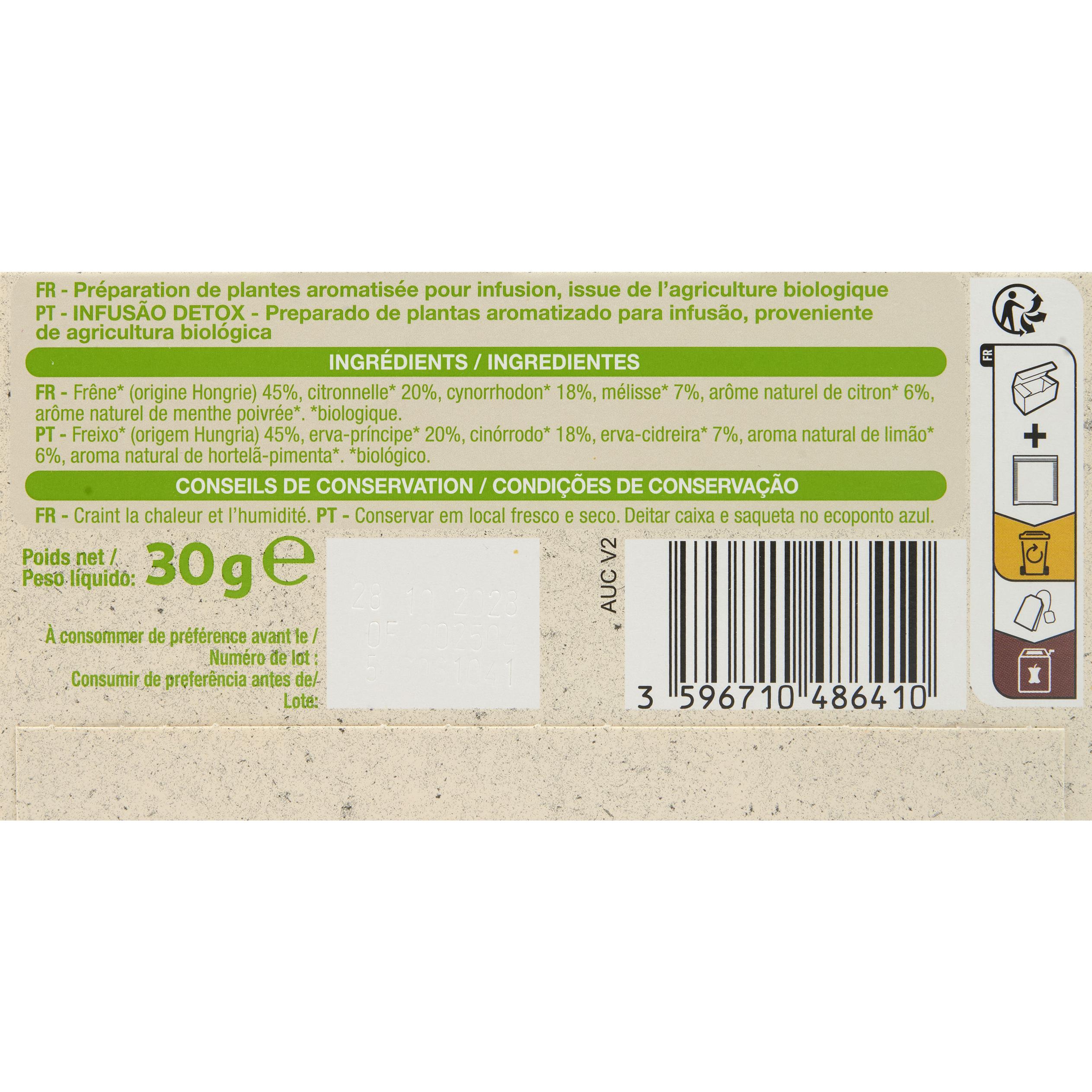 Voir la diapositive 2 : AUCHAN BIO Infusion détox frêne citronnelle cynorrhodon 20 sachets 30g