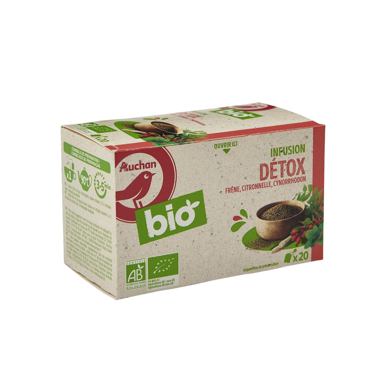 AUCHAN BIO Infusion détox frêne citronnelle cynorrhodon 20 sachets 30g