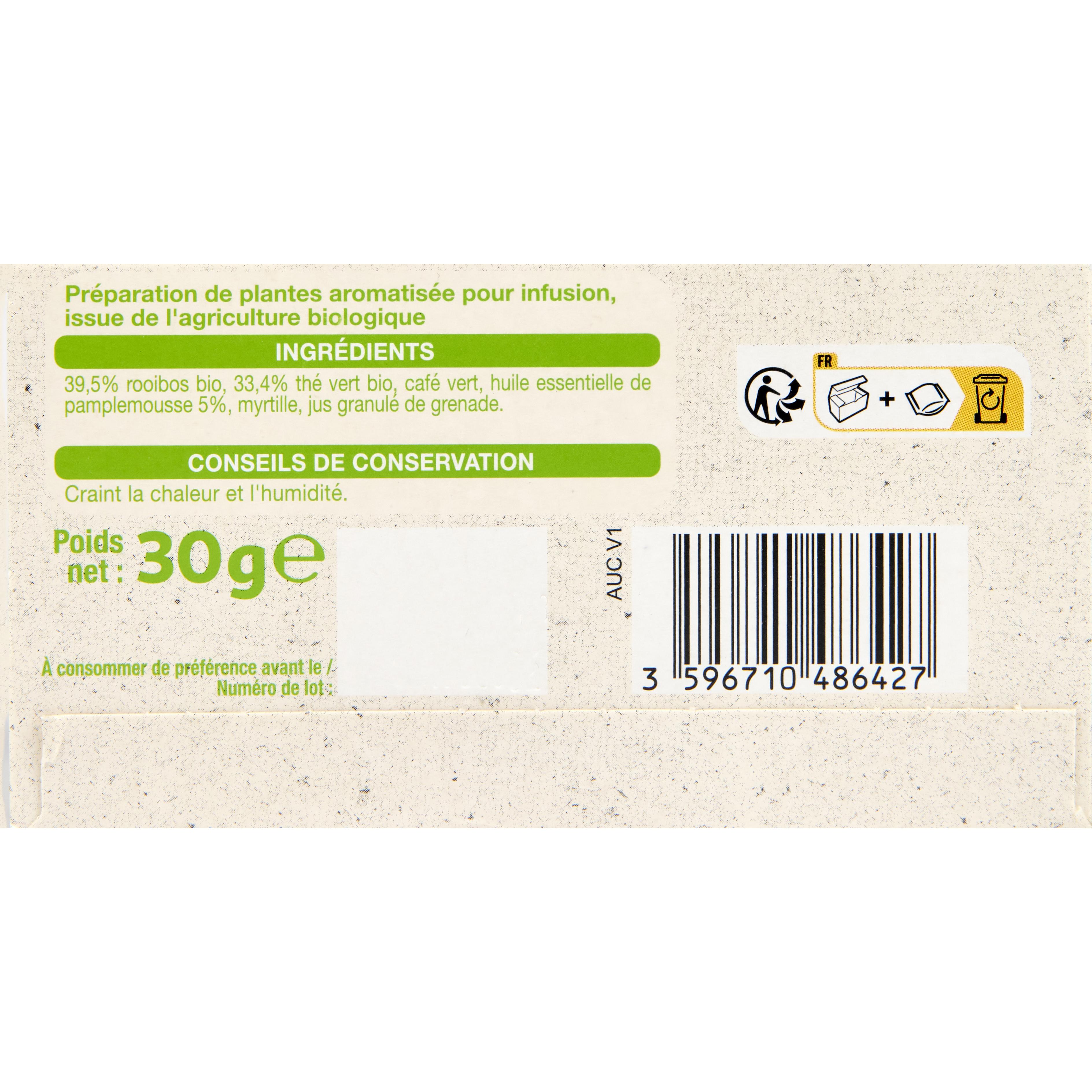 Voir la diapositive 2 : AUCHAN BIO Infusion antioxydante fleur de framboisier et thé vert 20 sachets 30g