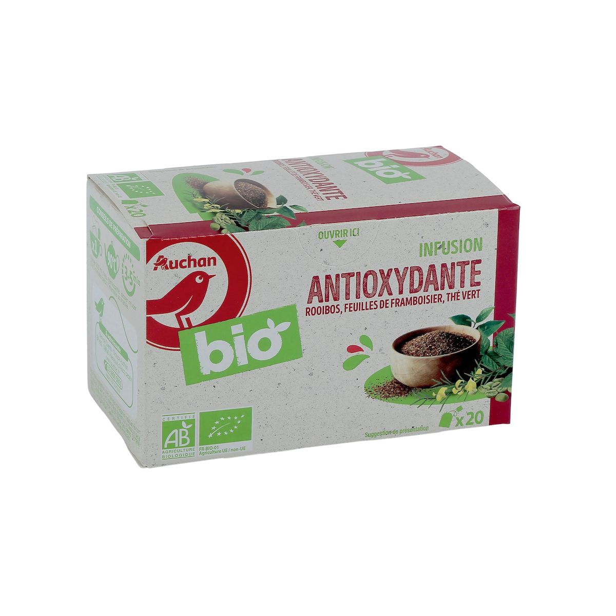 AUCHAN BIO Infusion antioxydante fleur de framboisier et thé vert 20 sachets 30g