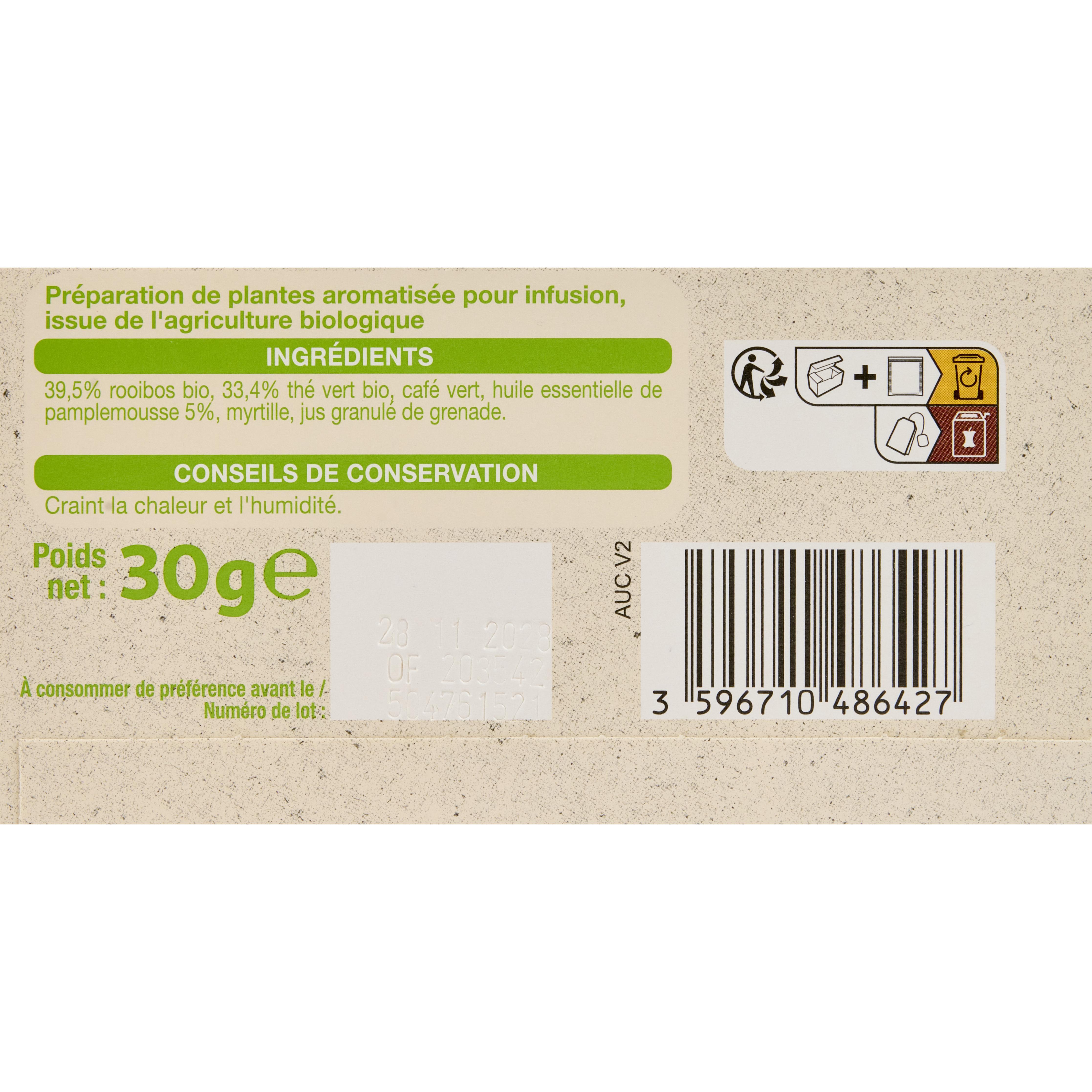 Voir la diapositive 3 : AUCHAN BIO Infusion antioxydante fleur de framboisier et thé vert 20 sachets 30g