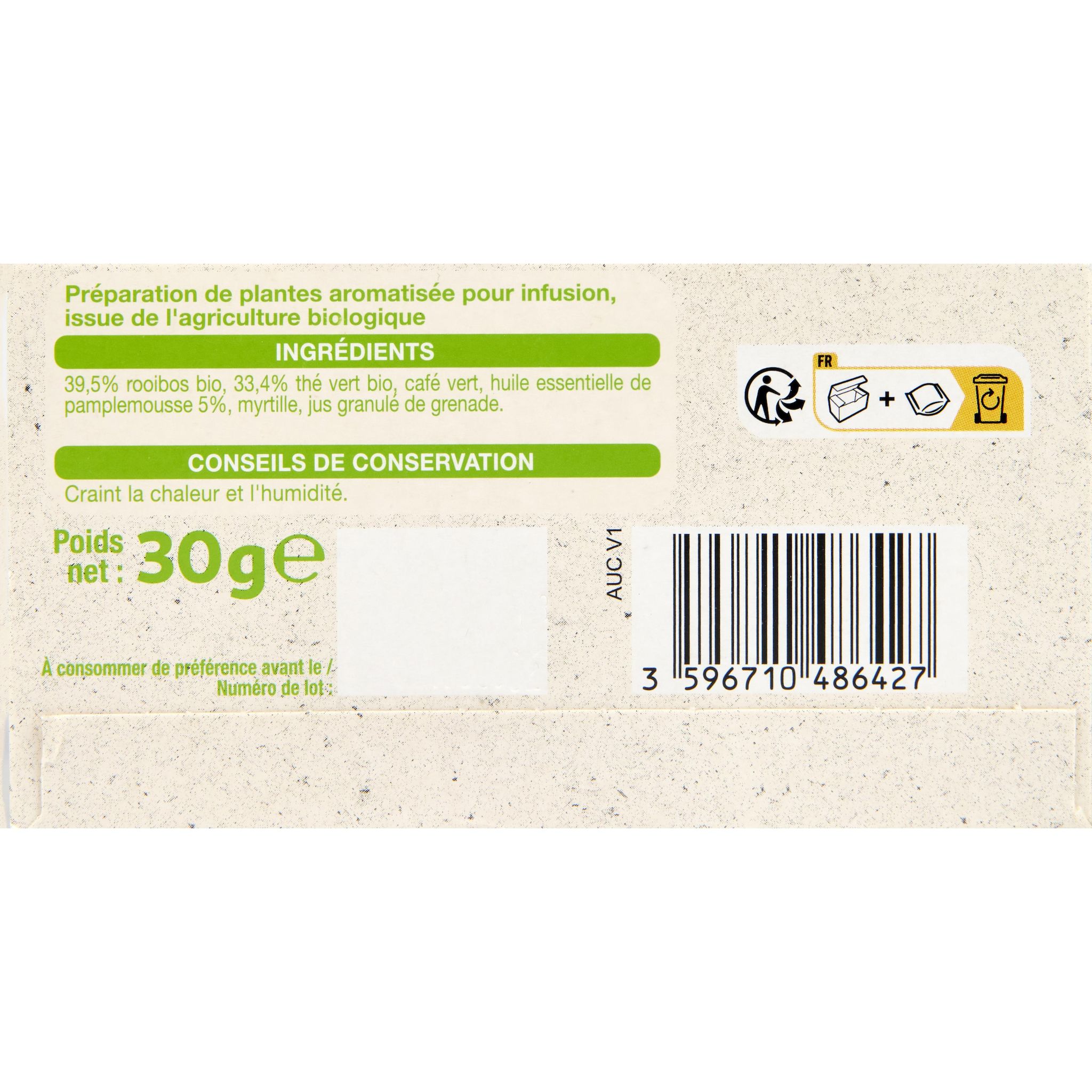 Voir la diapositive 4 : AUCHAN BIO Infusion antioxydante fleur de framboisier et thé vert 20 sachets 30g