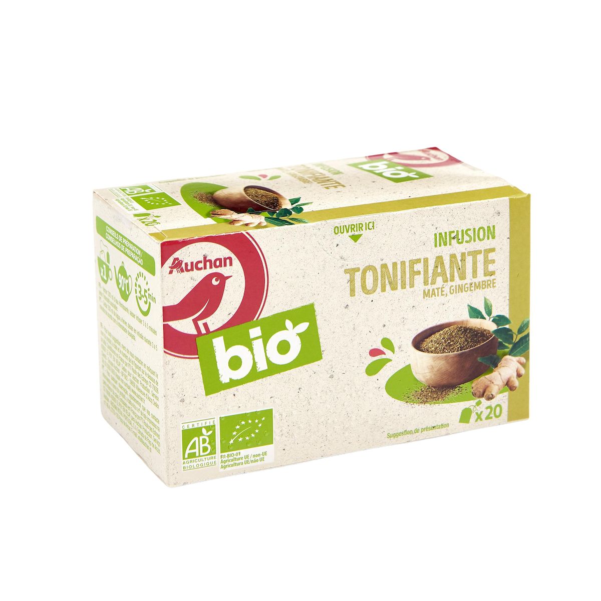 AUCHAN BIO Infusion tonifiante maté et gingembre 20 sachets 30g